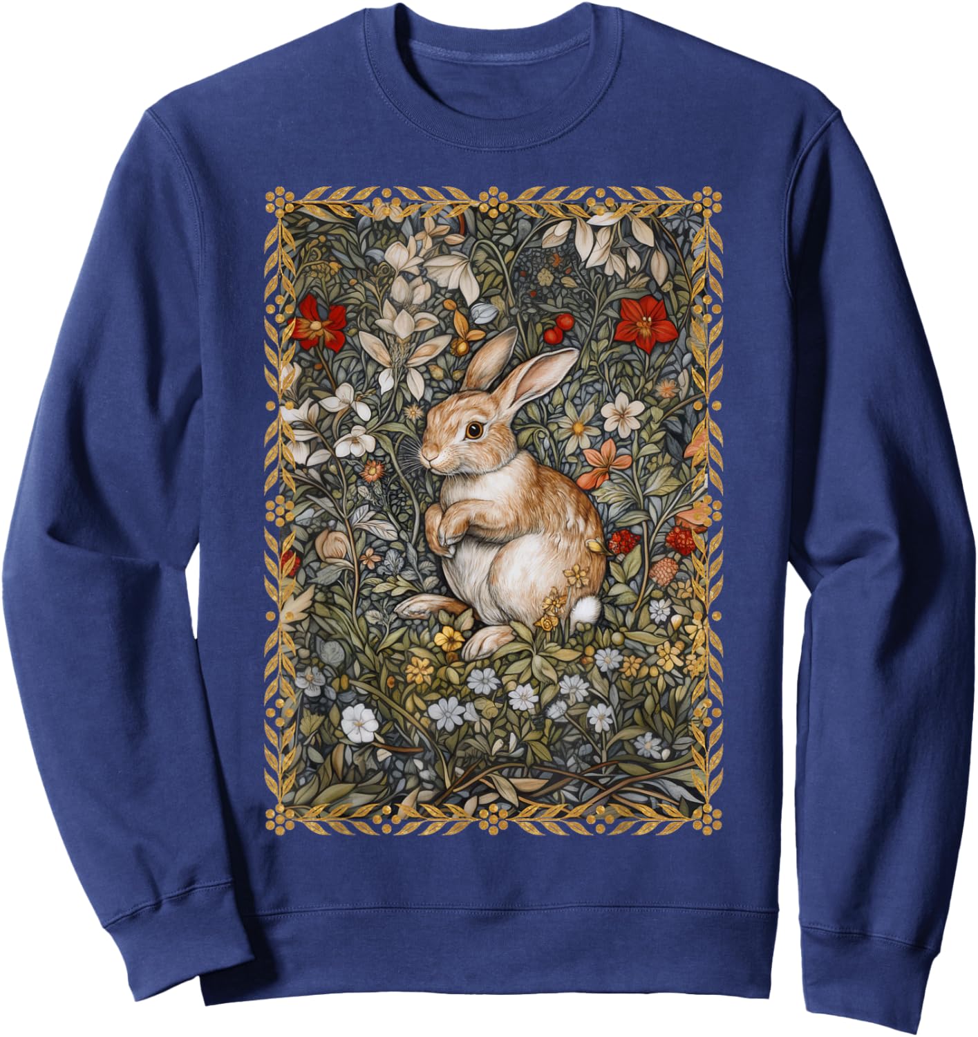 Rabbit in a William Morris Style Flower Garden Sweatshirt - Sweatshirt | Navy