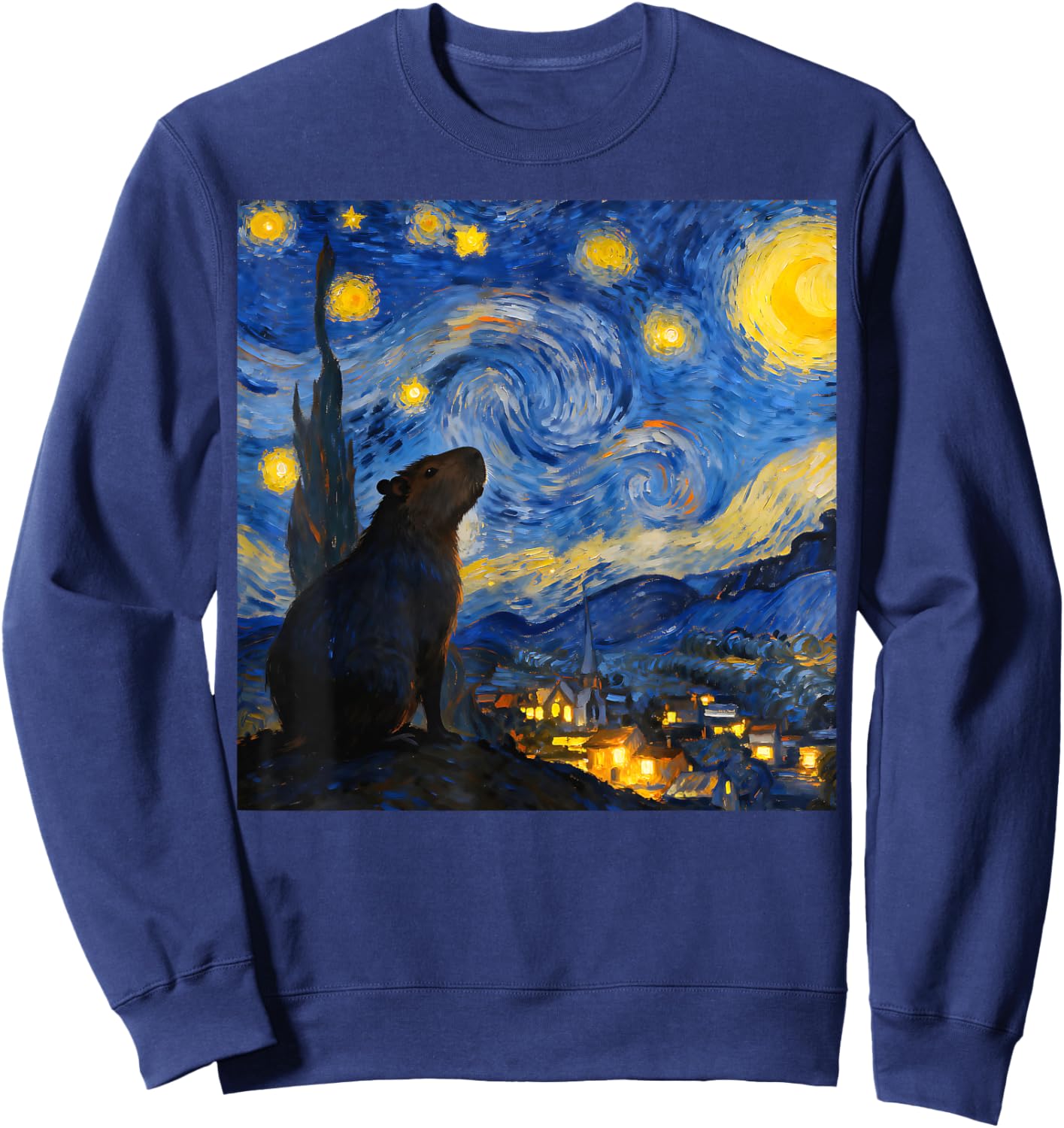 Funny Capybara Graphic Van Gogh Style Starry Night Capybara Sweatshirt - Sweatshirt | Navy