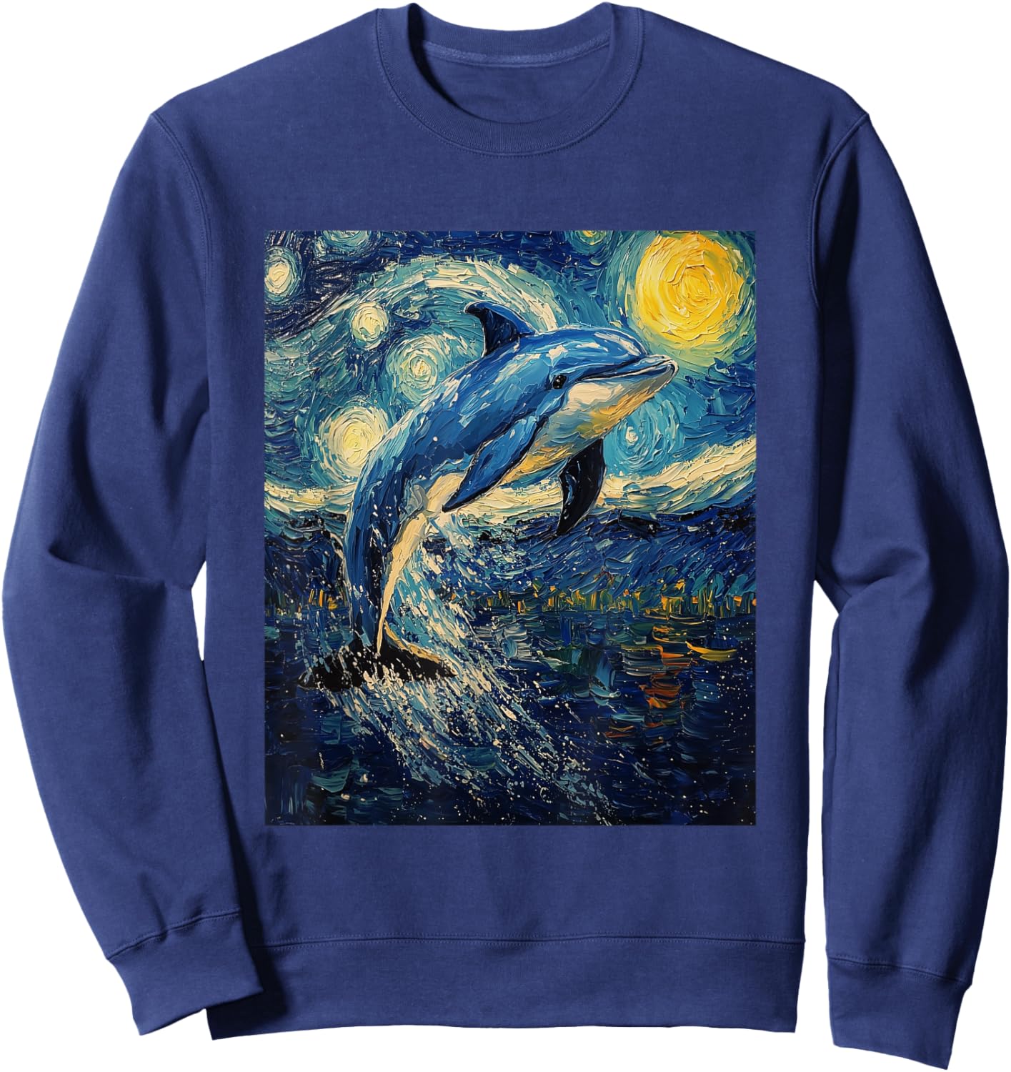 Cute Dolphin - Van Gogh Style - Starry Night Graphic Sweatshirt - Sweatshirt | Navy