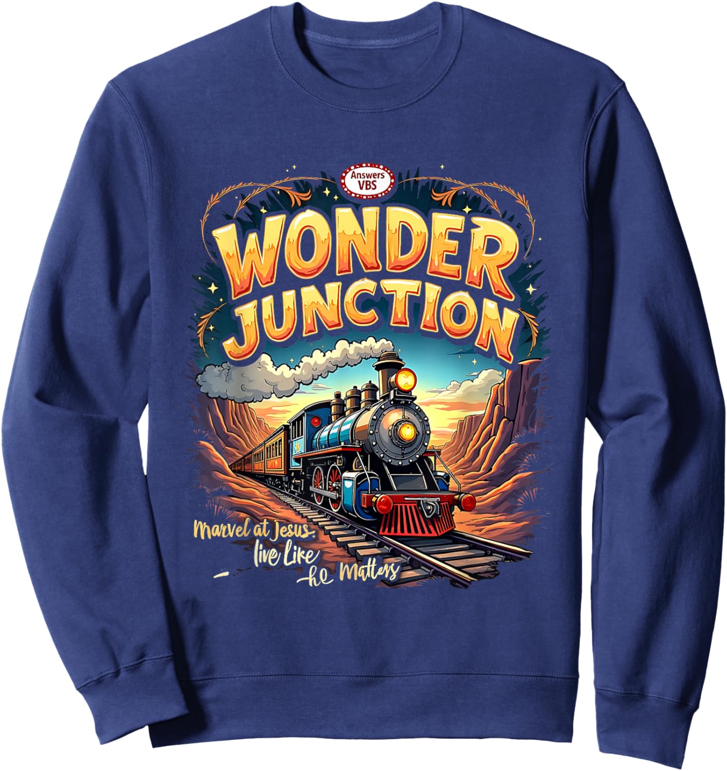 Vintage Wonder Junction VBS Train Theme Christian Graphic Sweatshirt - Sweatshirt | Navy