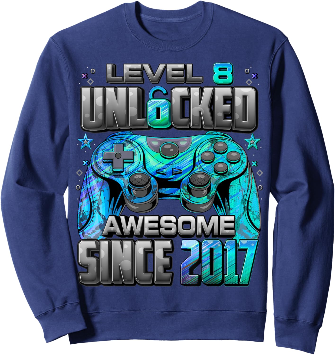 Level 8 Unlocked Awesome Since 2017 8th Birthday Gaming Sweatshirt - Sweatshirt | Navy