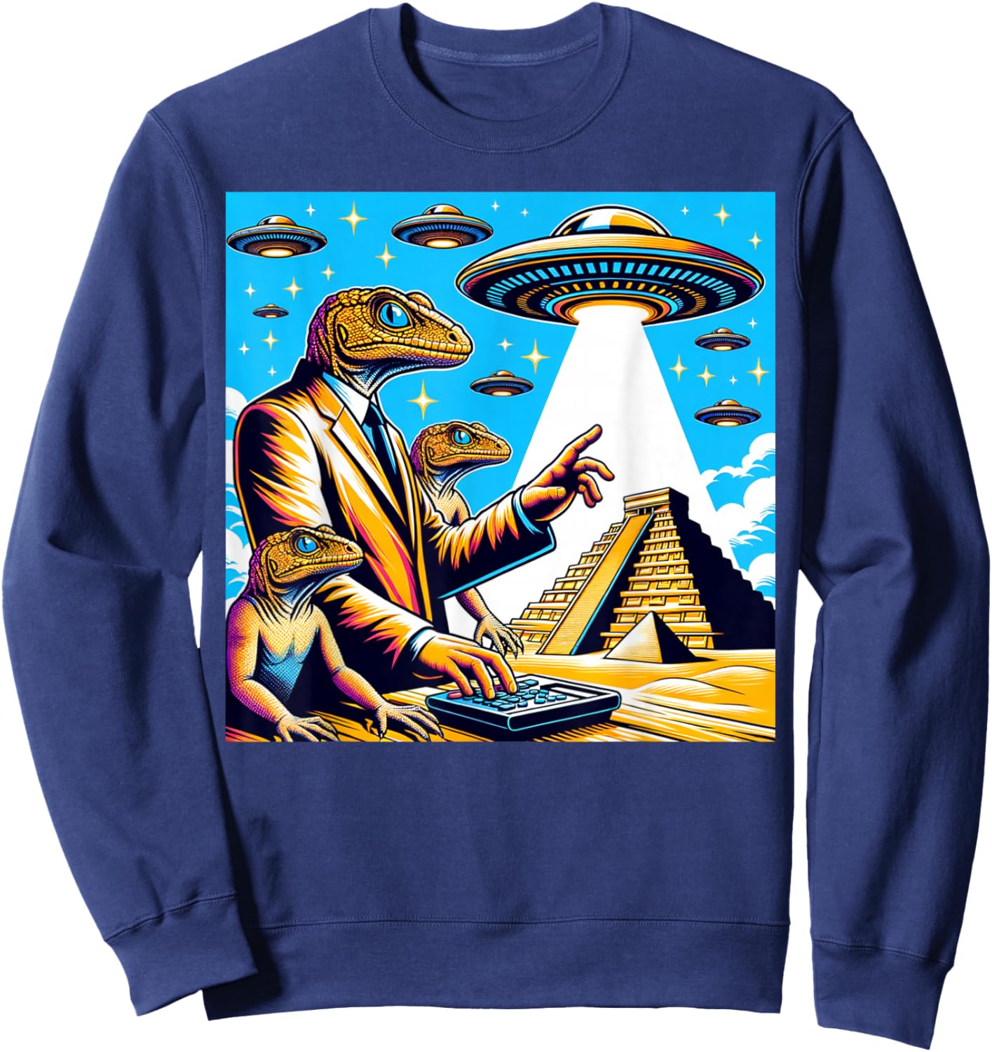 Lizard Conspiracy Theory UFO Chichen Itza Mexican Pyramids Sweatshirt - Sweatshirt | Navy