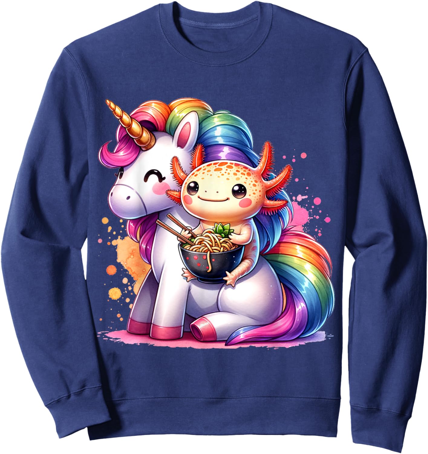 Cute Anime Kawaii Axolotl Riding A Unicorn And Eating Ramen Sweatshirt - Sweatshirt | Navy