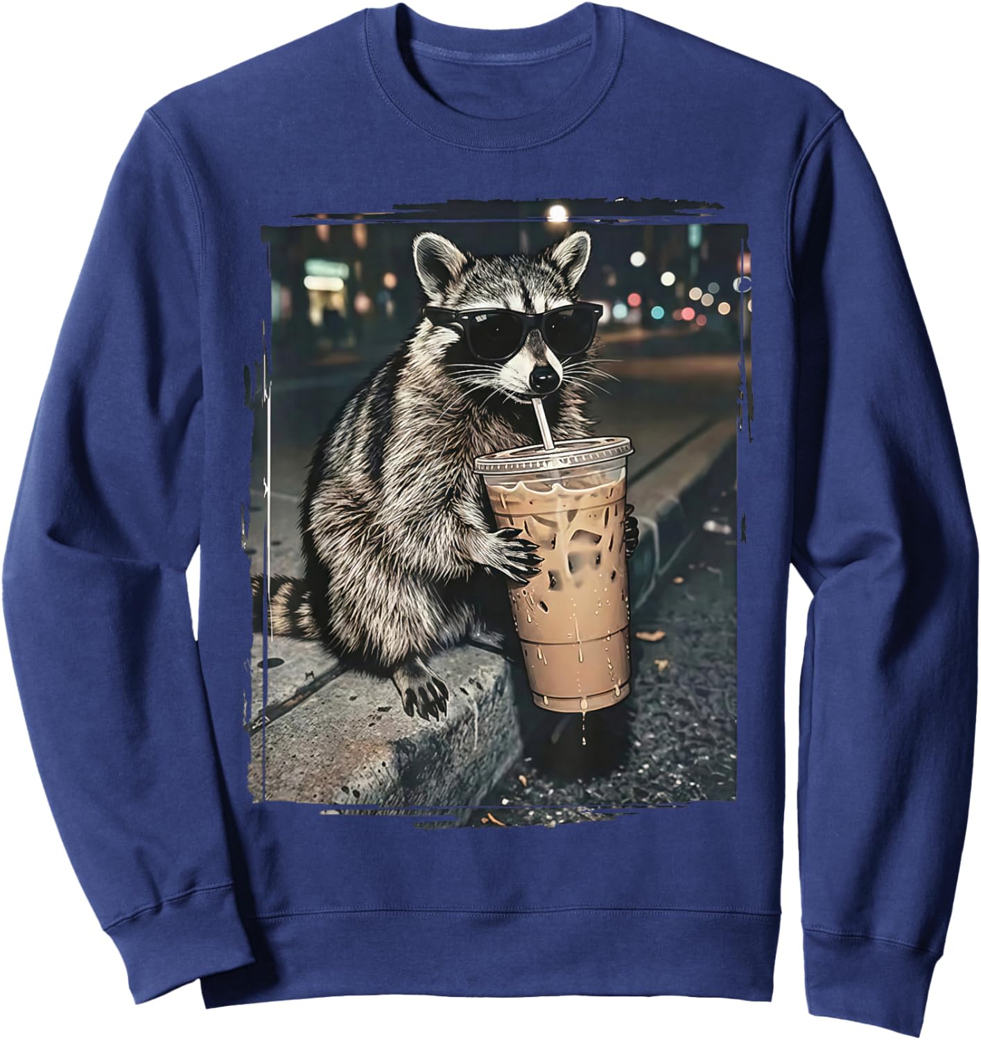 Raccoon Drinking Iced Coffee Funny Animal Meme Men Women Sweatshirt - Sweatshirt | Navy