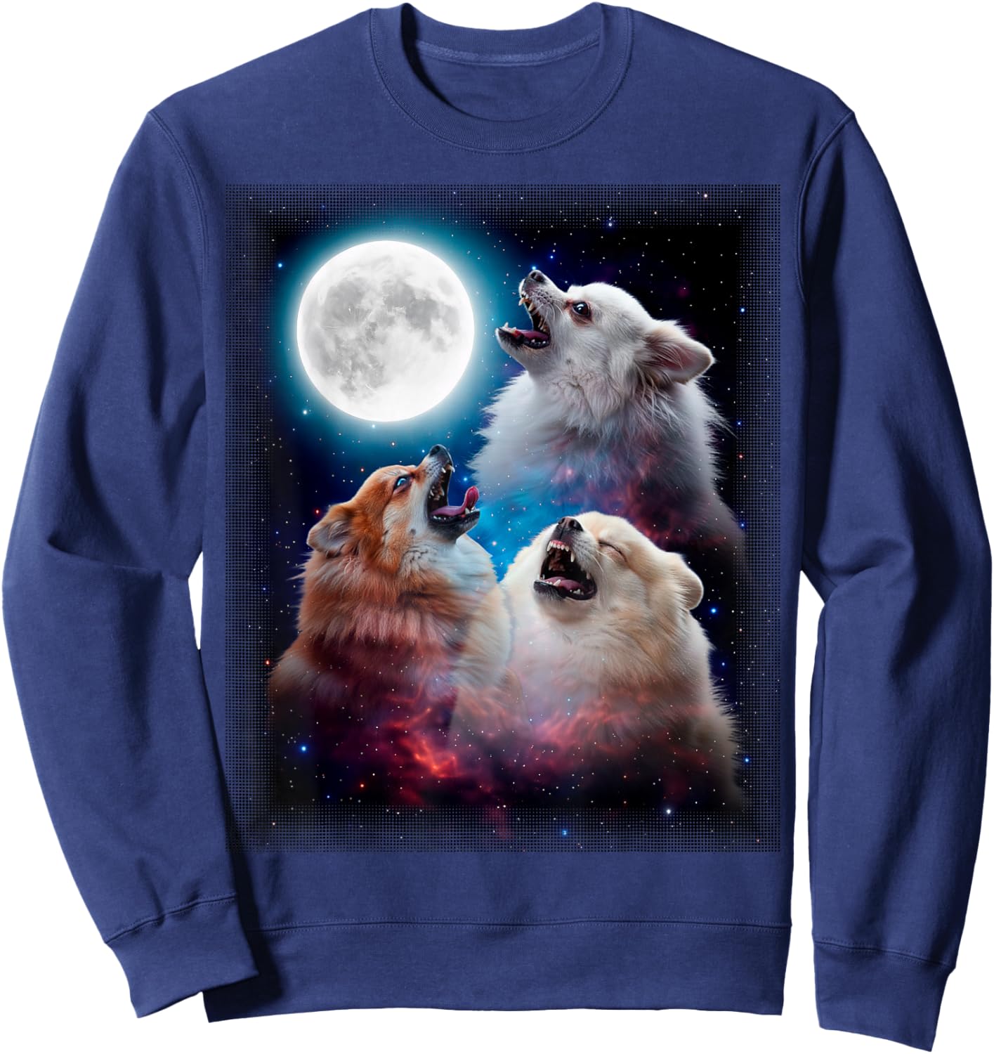3 Pomeranians Moon Funny 80s 90s Retro Dog Sweatshirt - Sweatshirt | Navy