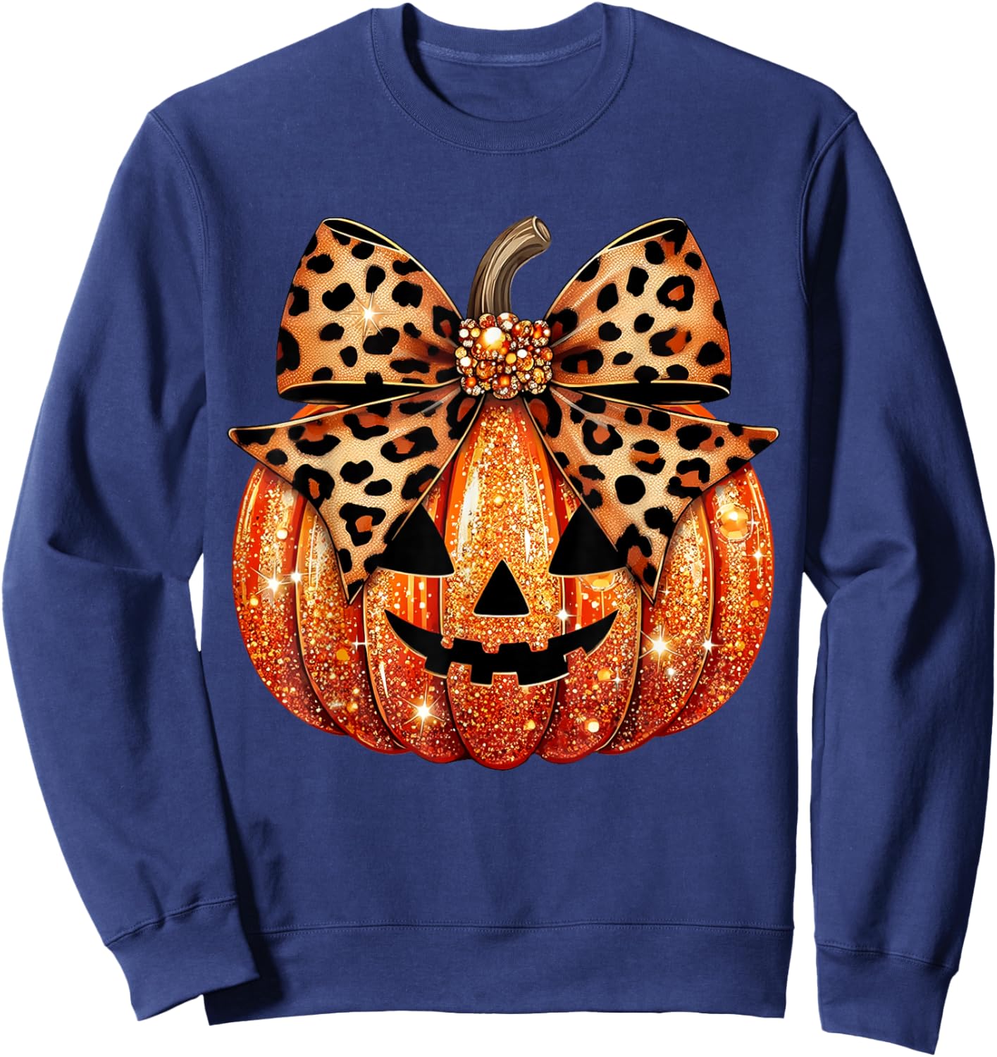 Leopard Coquette Bow Pumpkin Sparkly Pumpkin Sweatshirt - Sweatshirt | Navy
