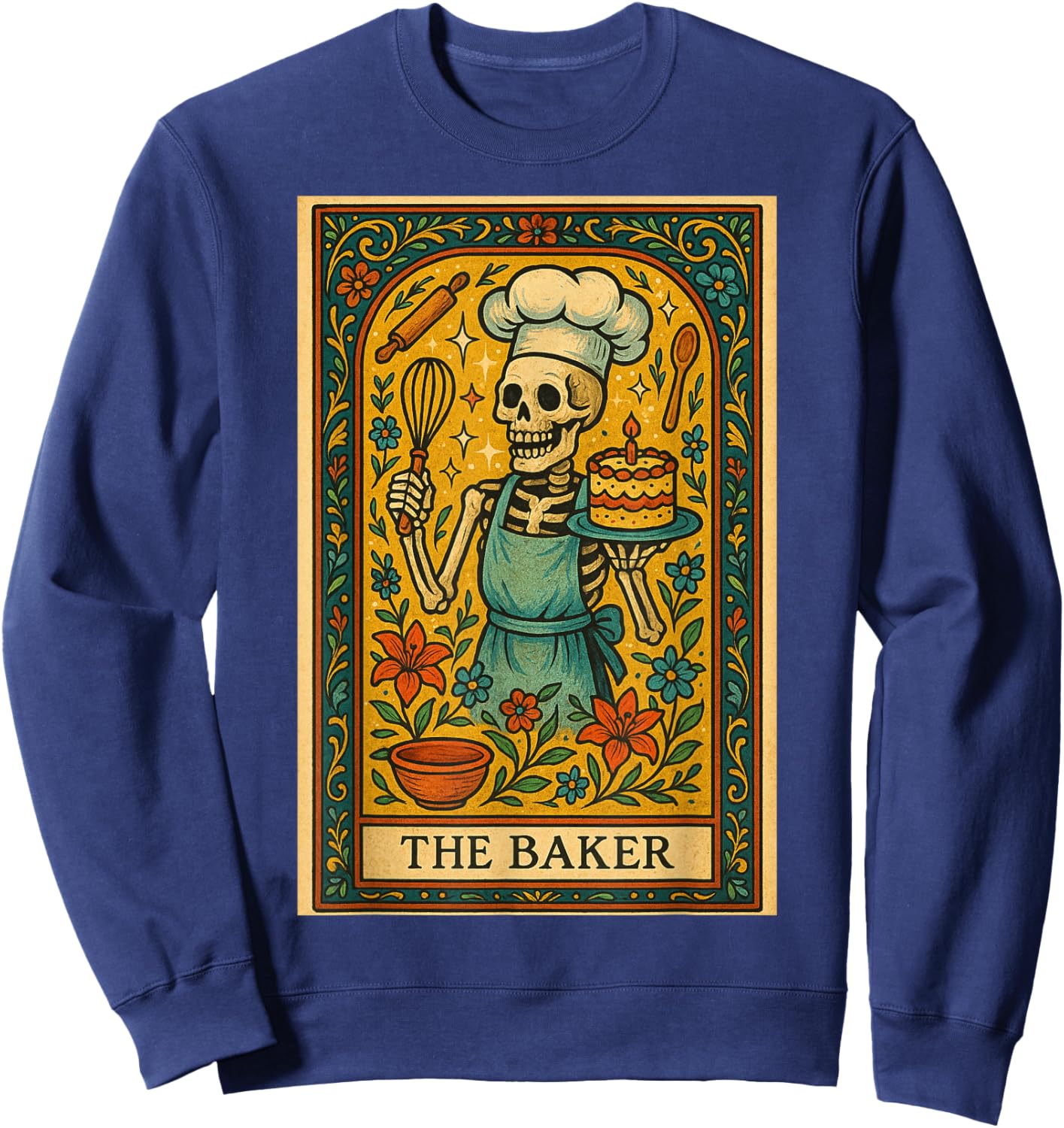Skeleton Baker Tarot Card Whimsical Culinary Spooky Chef Sweatshirt - Sweatshirt | Navy