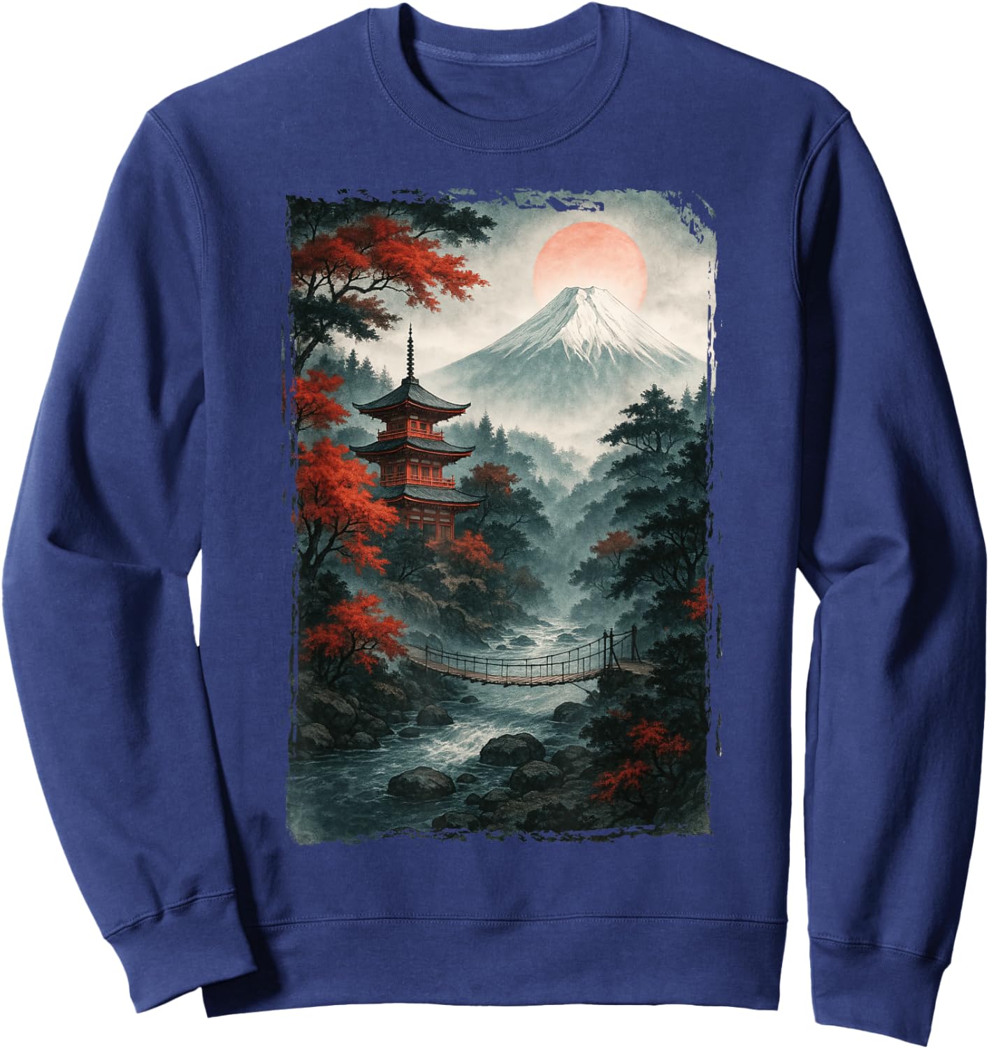 Japanische Landschaft & Bergblick, Sonne, Vintage Japan Sweatshirt - Sweatshirt | Navy