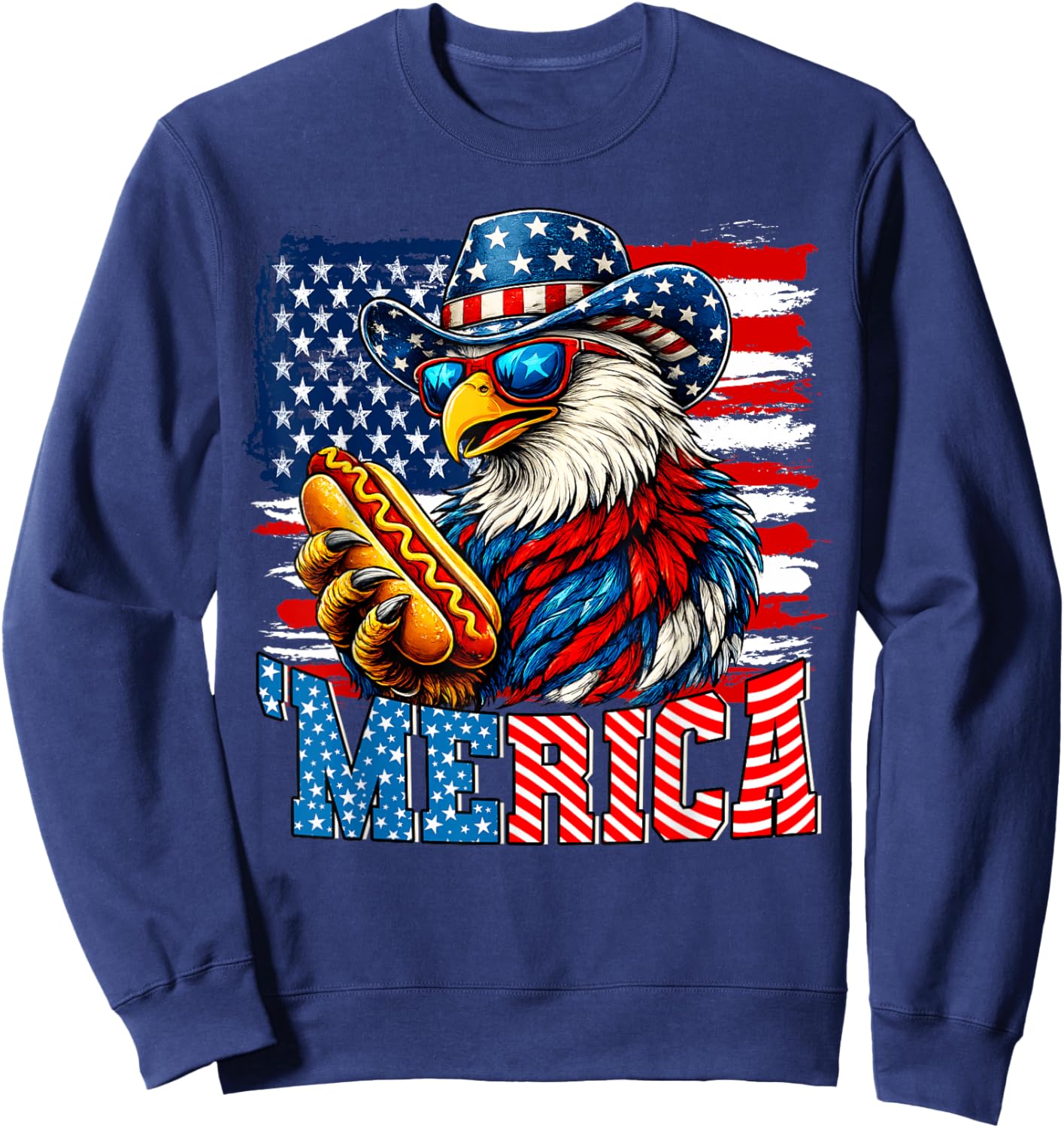 4th of July Merica Eagle Hotdog Lover USA Flag Patriotic Sweatshirt - Sweatshirt | Navy