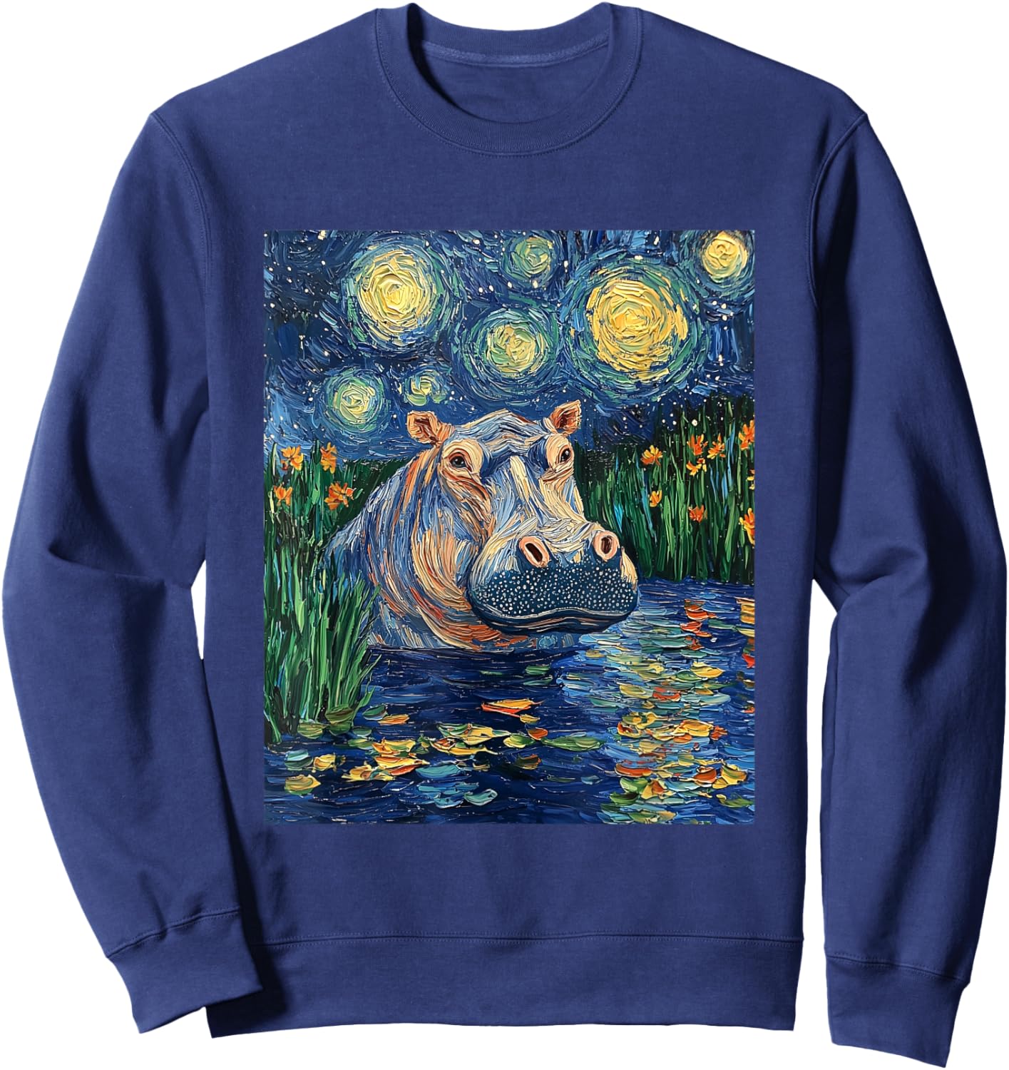 Hippo Hippopotamus - Van Gogh Style - Starry Night Sweatshirt - Sweatshirt | Navy