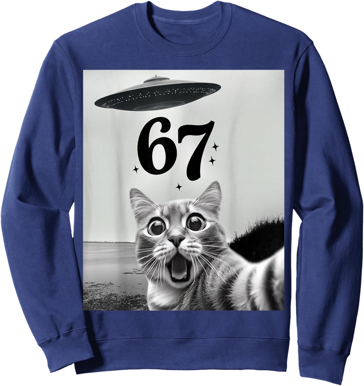 Cat Selfie with UFO and 67 Funny 6 7 Motif Sweatshirt - Sweatshirt | Navy