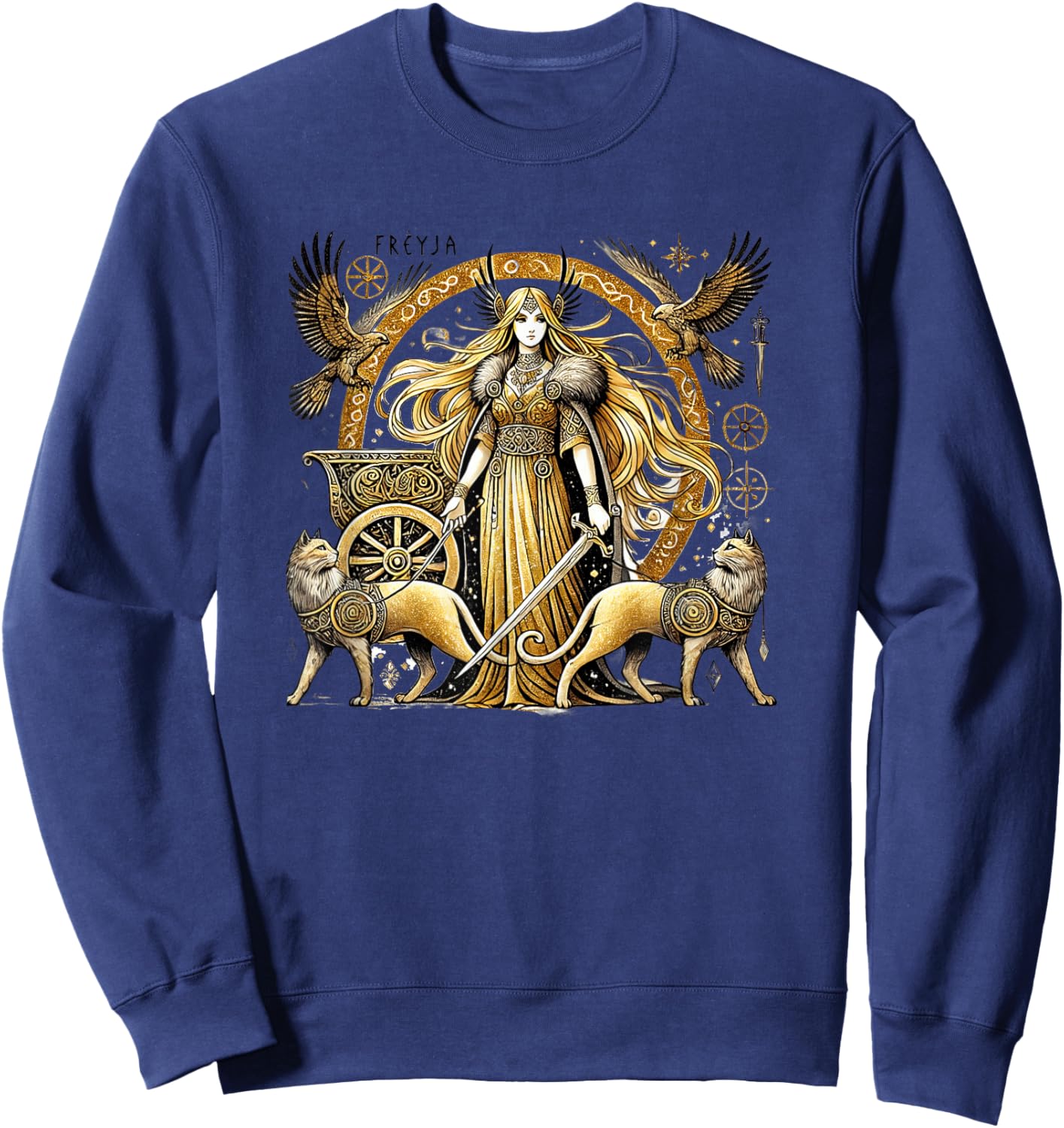Freyja Norse Goddess of Love and War, Divine Duality, Grace -Adult , Black, Small, Short Sleeve Sweatshirt - Sweatshirt | Navy