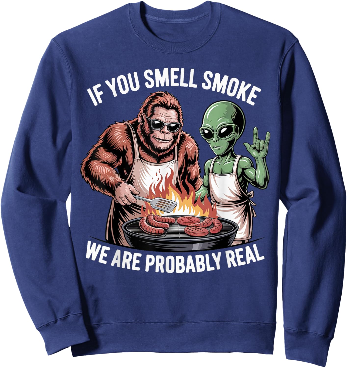 BBQ Bigfoot and Alien Men Father's Day BBQ Bigfoot Alien BBQ Sweatshirt - Sweatshirt | Navy