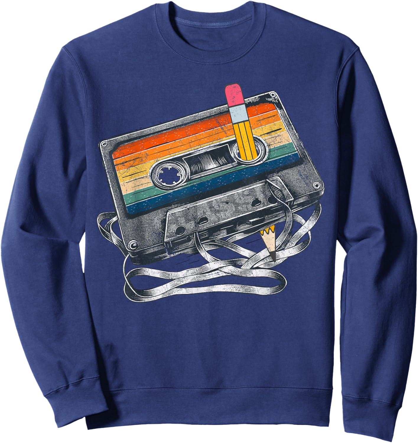 Retro 80s Cassette Tape Pencil 1980s Vintage Throwback Music Sweatshirt - Sweatshirt | Navy