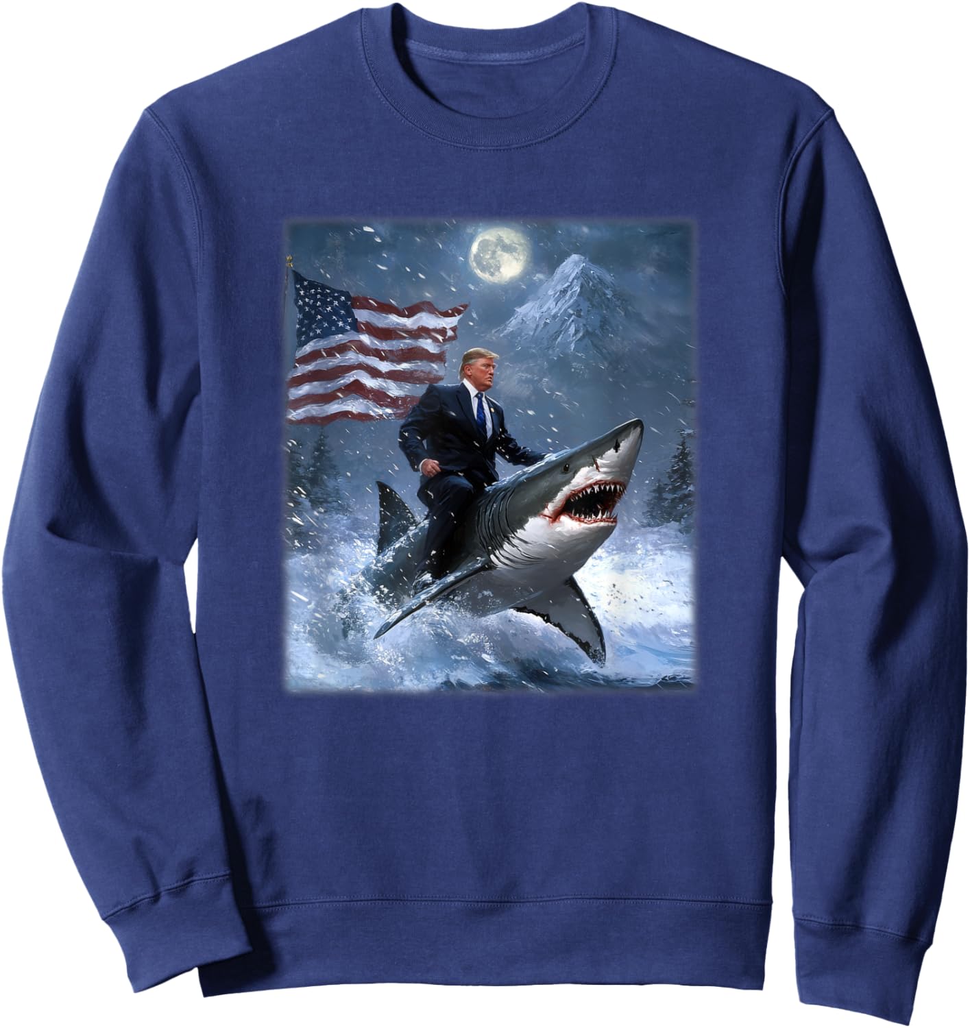Donald Trump 2024 Riding A Shark American Flag Sweatshirt - Sweatshirt | Navy