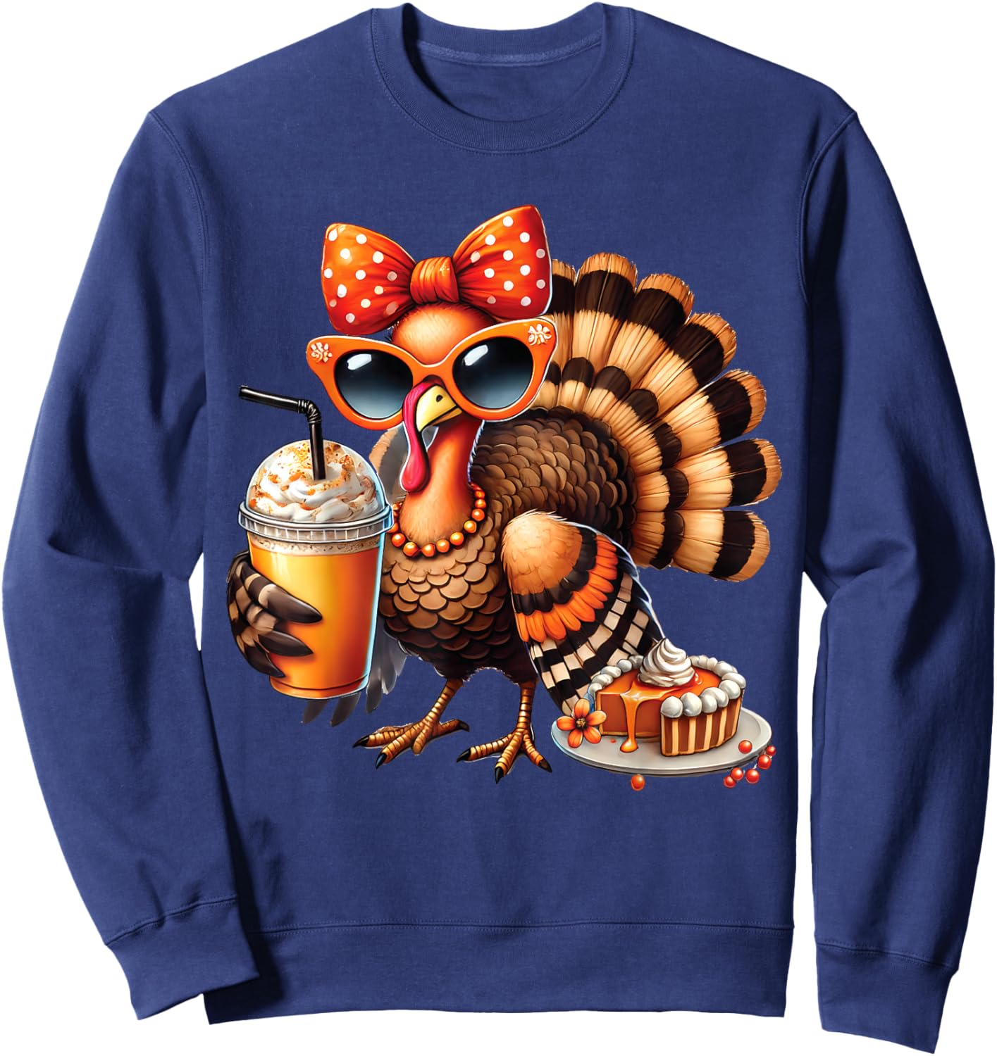 Turkey Drinking Coffee Bow Thanksgiving Turkey Day Sweatshirt - Sweatshirt | Navy