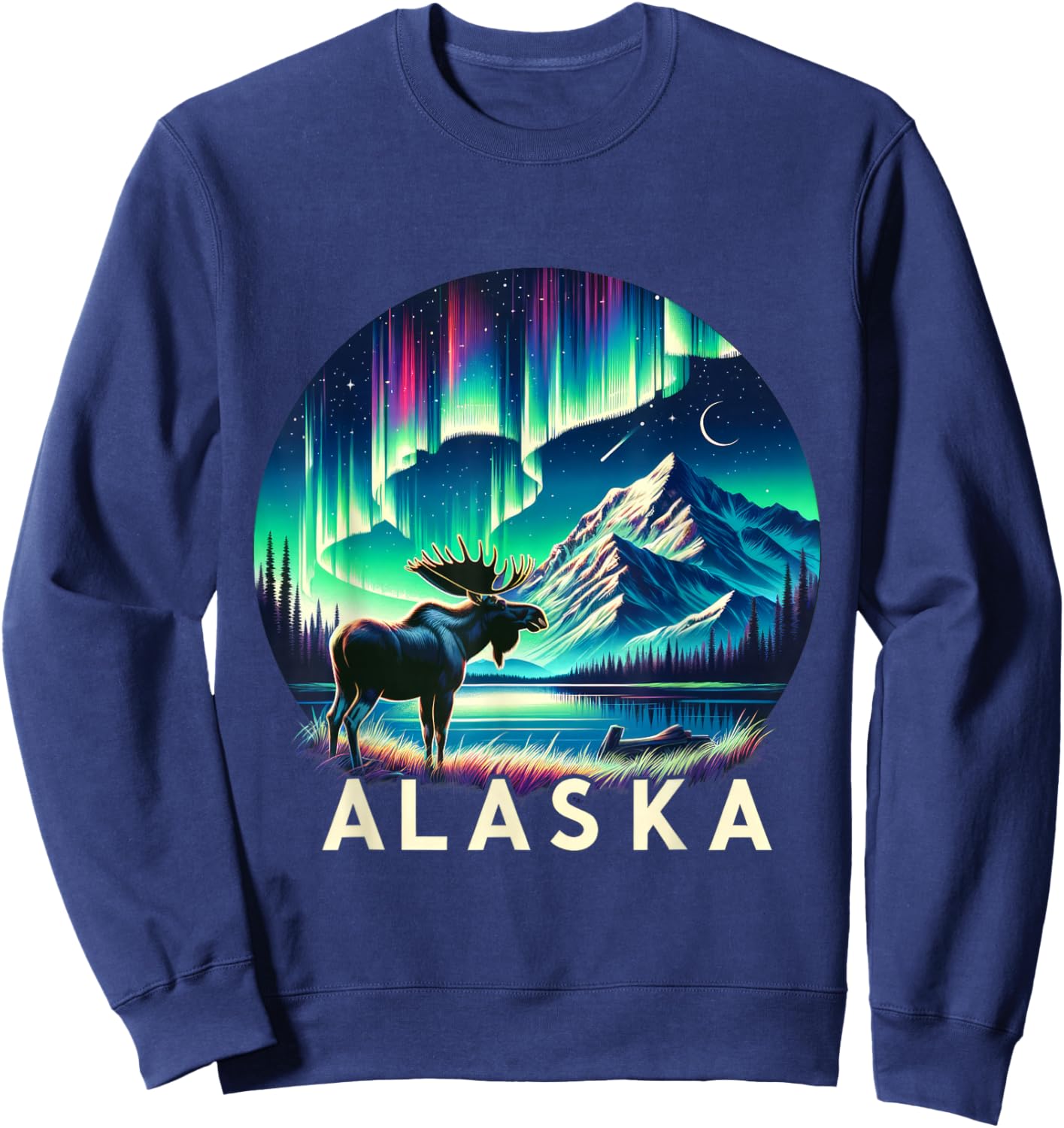 Alaska Northern Lights Aurora Viewing Moose Vacation Alaska Sweatshirt - Sweatshirt | Navy