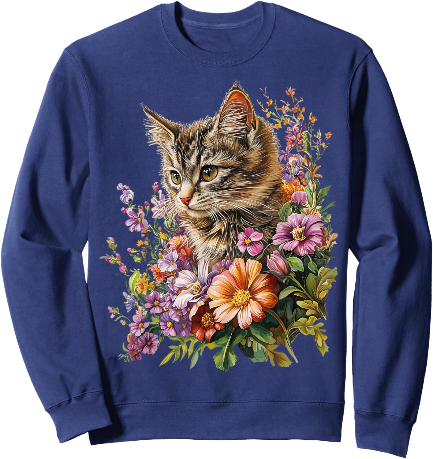 Cat Flower Floral Cute Kitten Graphic Sweatshirt - Sweatshirt | Navy