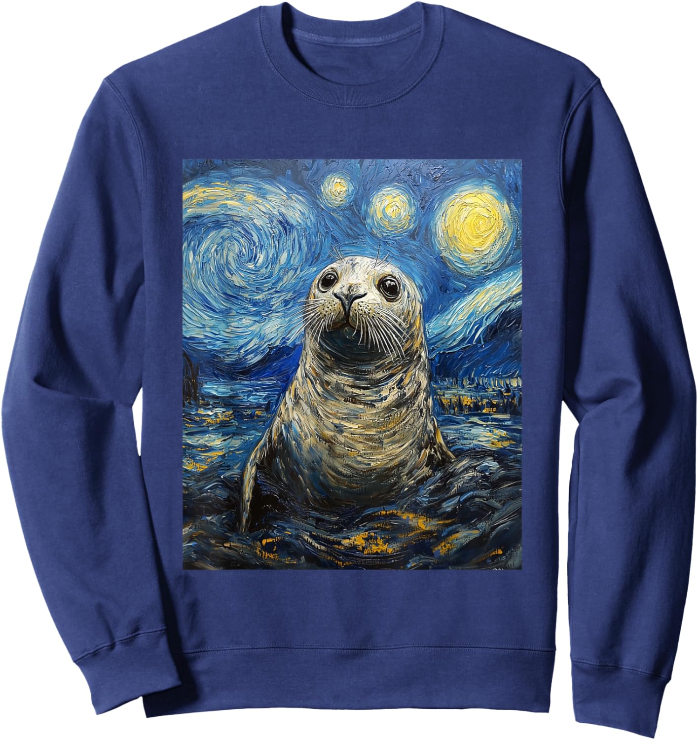 Cute Seal Sea Lion - Van Gogh Style - Starry Night Graphic Sweatshirt - Sweatshirt | Navy
