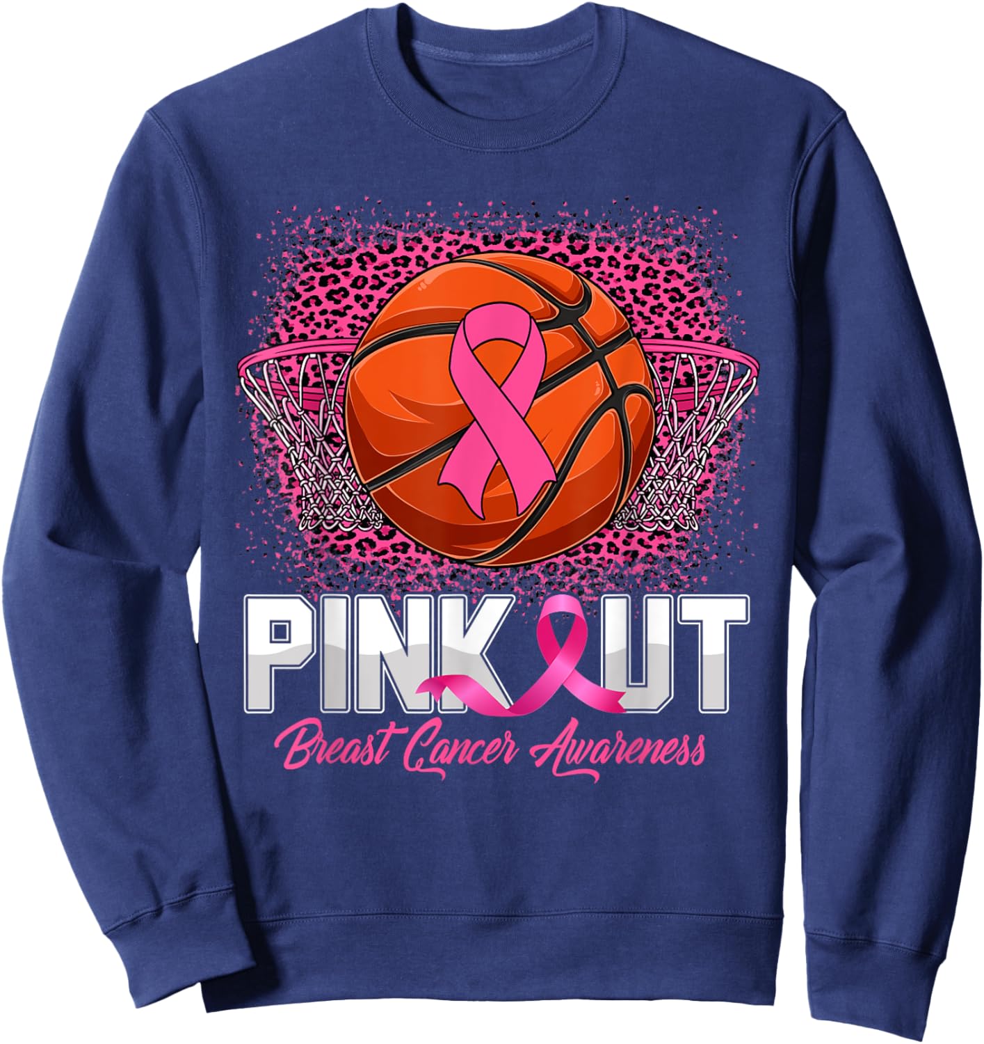 Pink Out Breast Cancer Awareness Basketball Leopard Bleached Sweatshirt - Sweatshirt | Navy