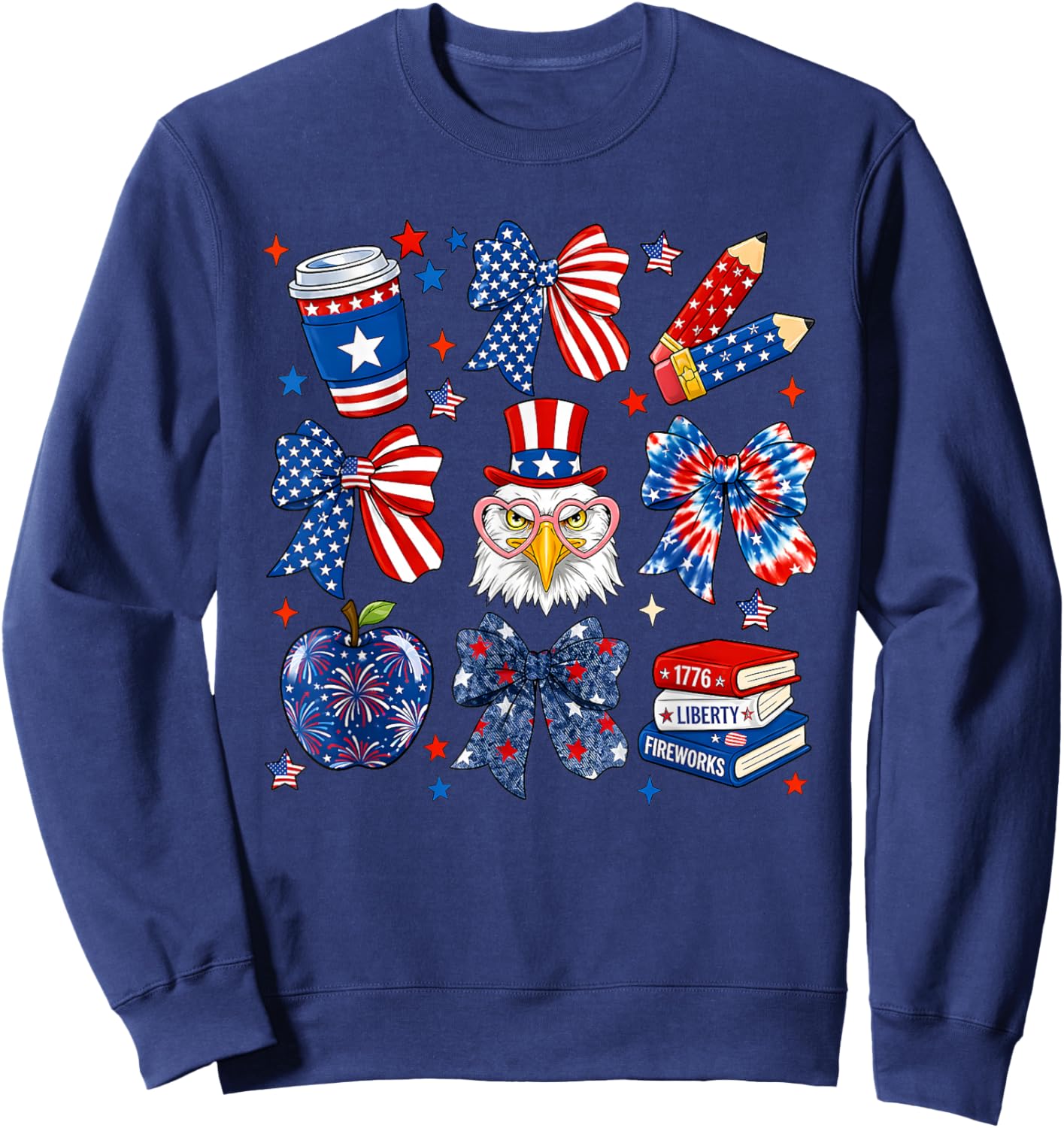 4th of July Teacher Coquette Bow Pencil USA American Flag Sweatshirt - Sweatshirt | Navy