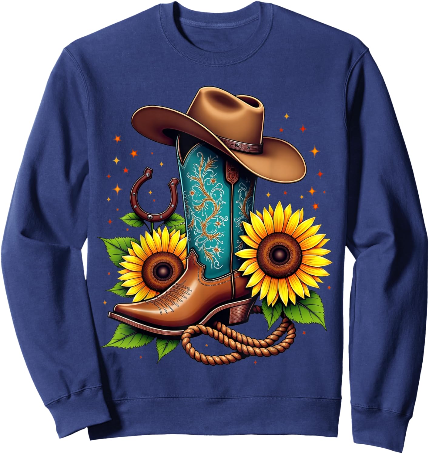 Western Cowboy Boot Sunflower Horseshoe Rope Cowgirl Boot Sweatshirt - Sweatshirt | Navy