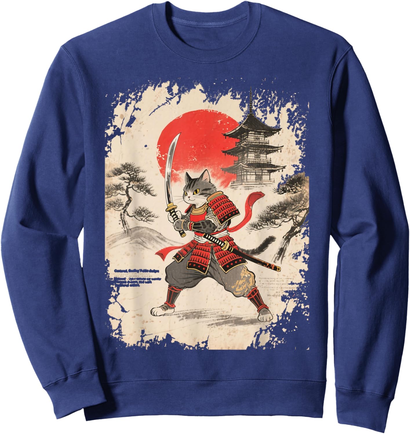 Samurai Cat Japanese Warrior Vintage Distressed Ukiyo-e Art Sweatshirt - Sweatshirt | Navy