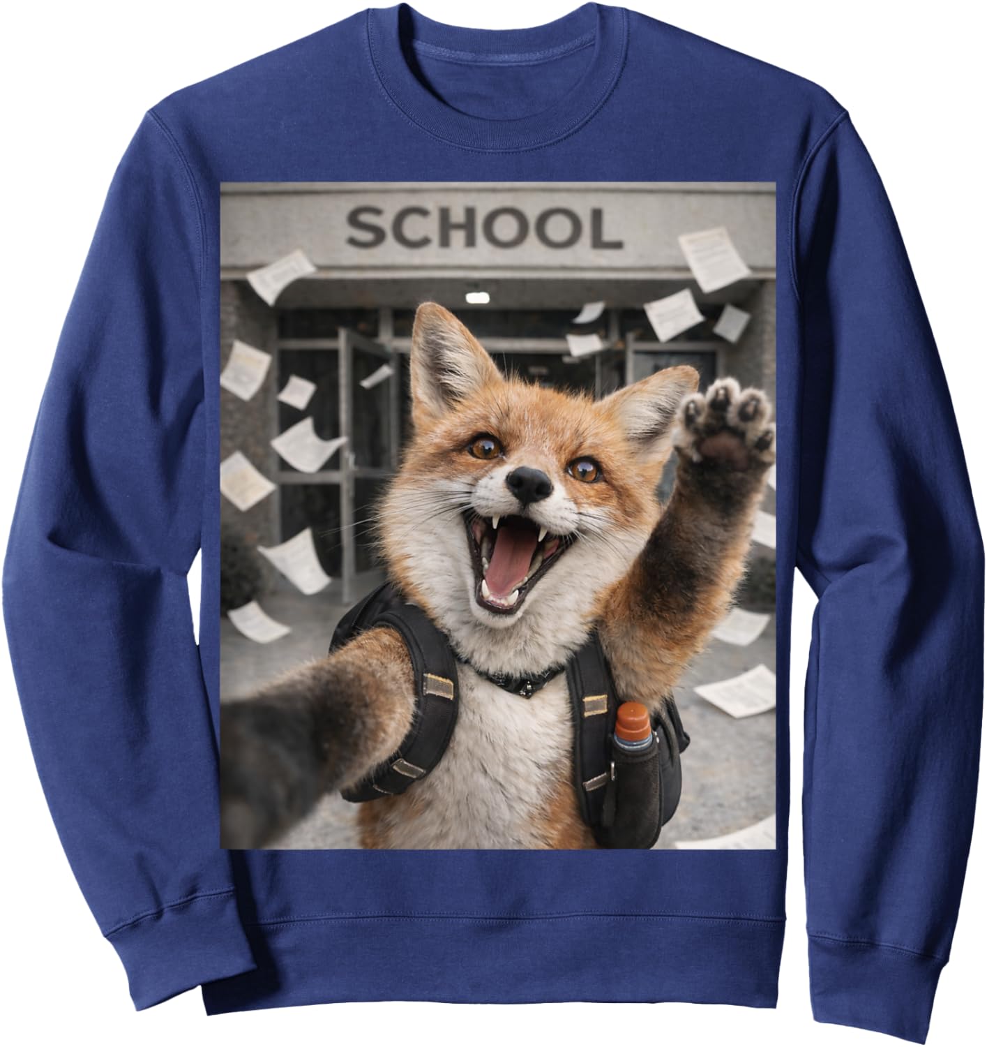 Fox Last Day of School Summer Break Funny Foxy Meme Selfie Sweatshirt - Sweatshirt | Navy