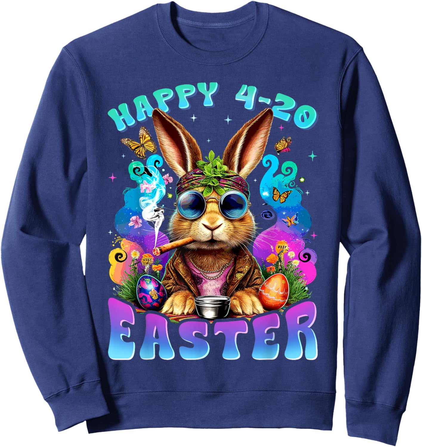 Happy 420 Easter Funny Smoking Easter Bunny Men Women Sweatshirt - Sweatshirt | Navy