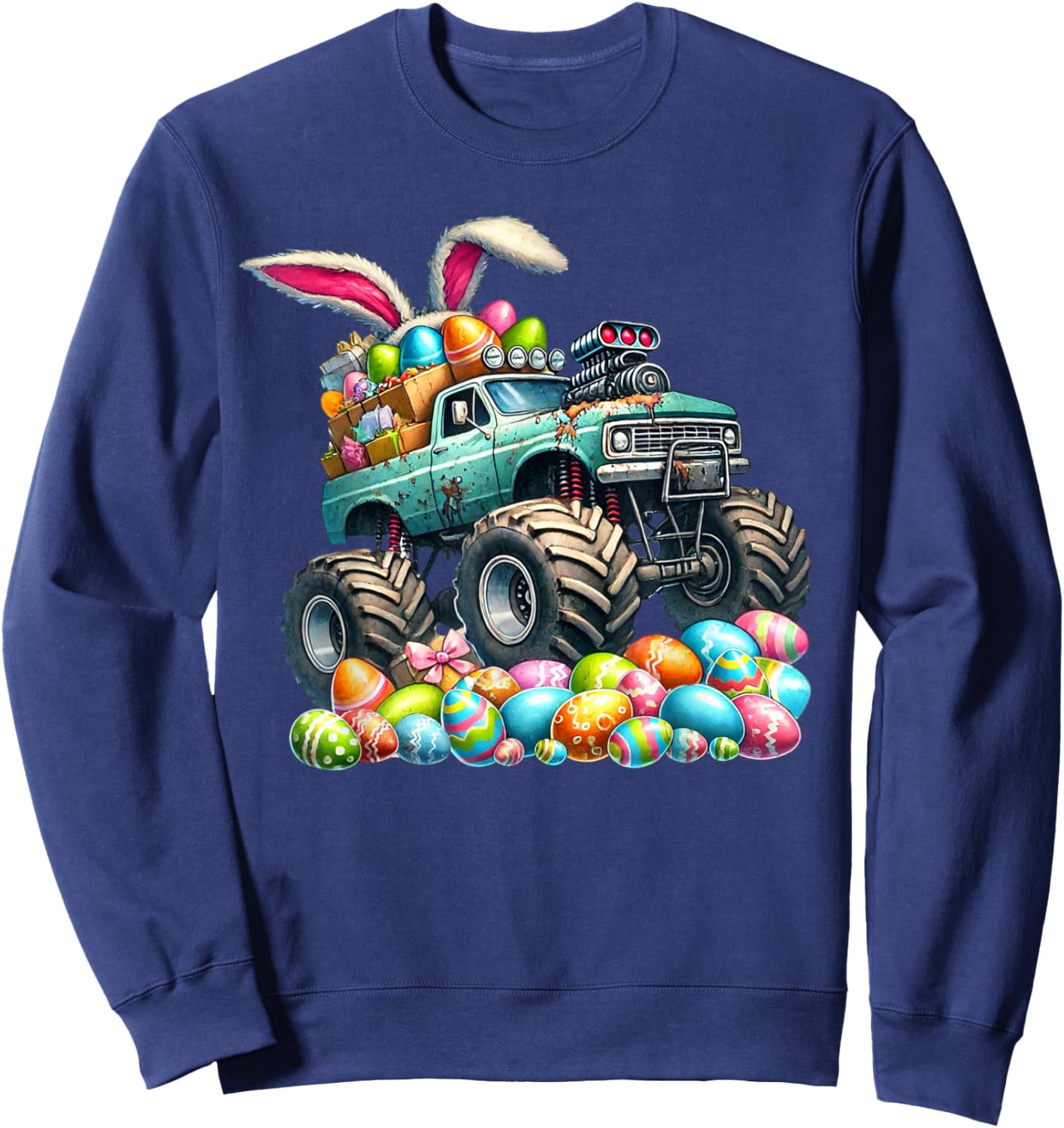 Boys Happy Easter Monster Truck Easter Eggs Hunt Toddler Kid Sweatshirt - Sweatshirt | Navy