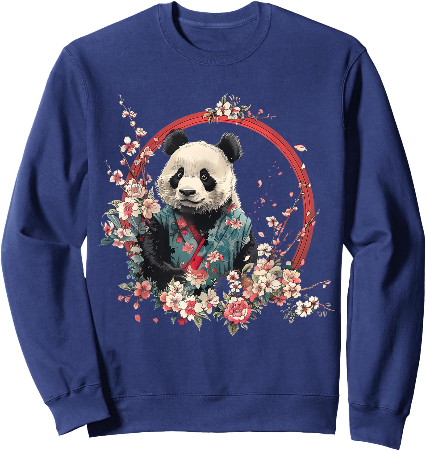 Japanese Samurai Warrior Animals Samurai Panda Bear Floral - Black, Small, -Adults, Women, Short Sleeve, , Novelty , Animals, Vacation, Spring, Summer Sweatshirt - Sweatshirt | Navy