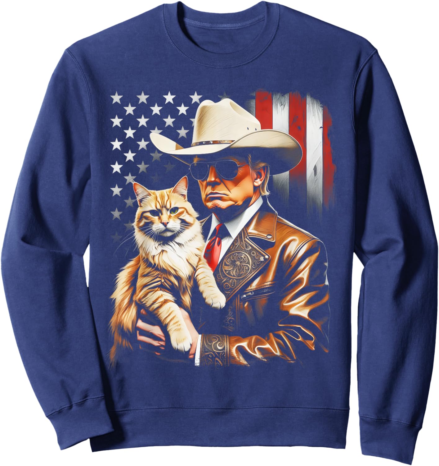 Trump and Cute Cat and American Flag Funny Trump Cowboy Sweatshirt - Sweatshirt | Navy