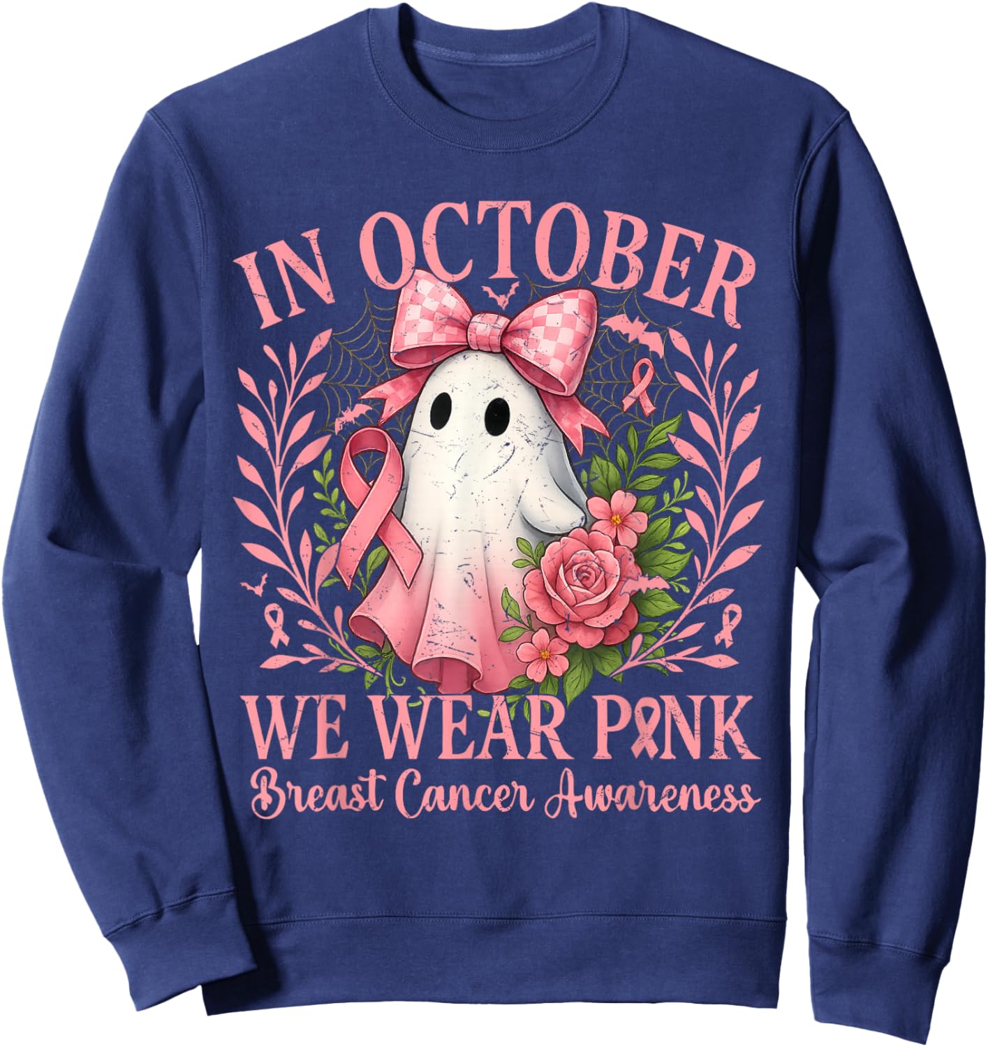 in October We Wear Pink Ghost with Flowers Breast Cancer Sweatshirt - Sweatshirt | Navy
