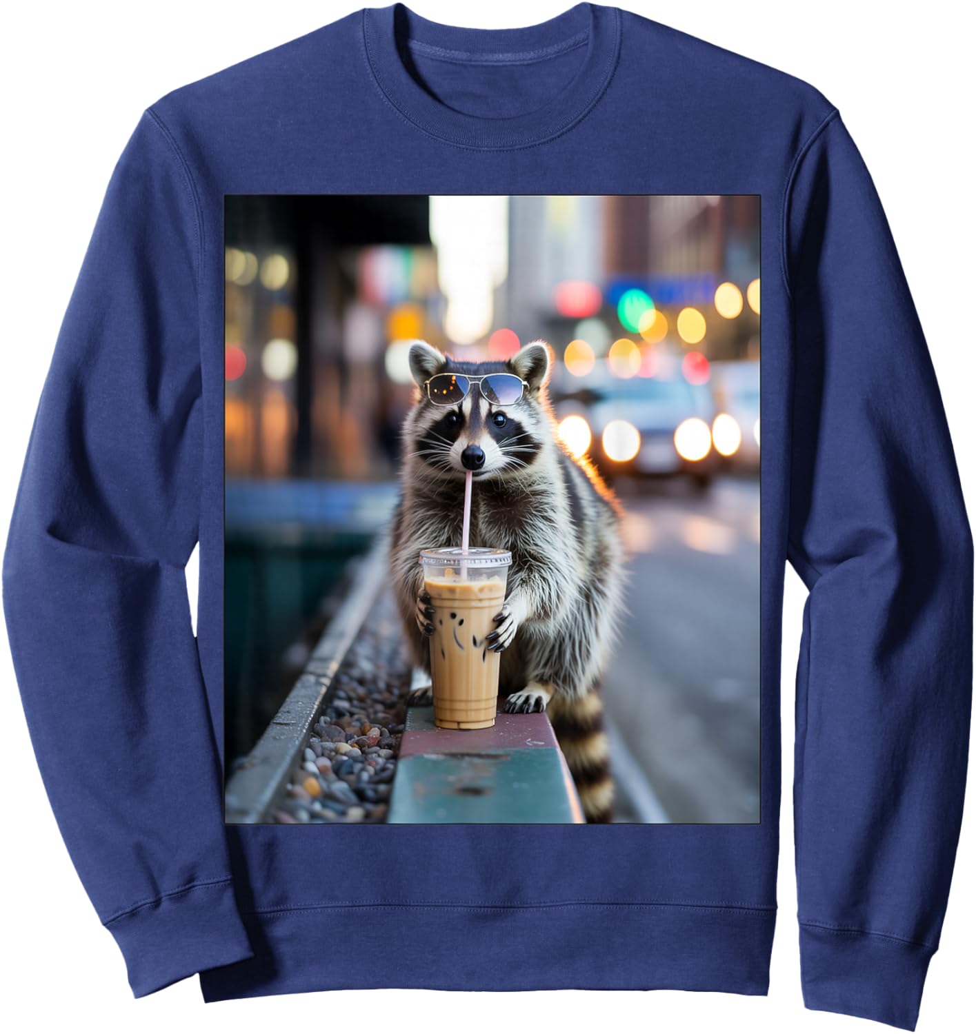 Raccoon Drinking Iced Coffee Funny Animal Men Women Sweatshirt - Sweatshirt | Navy
