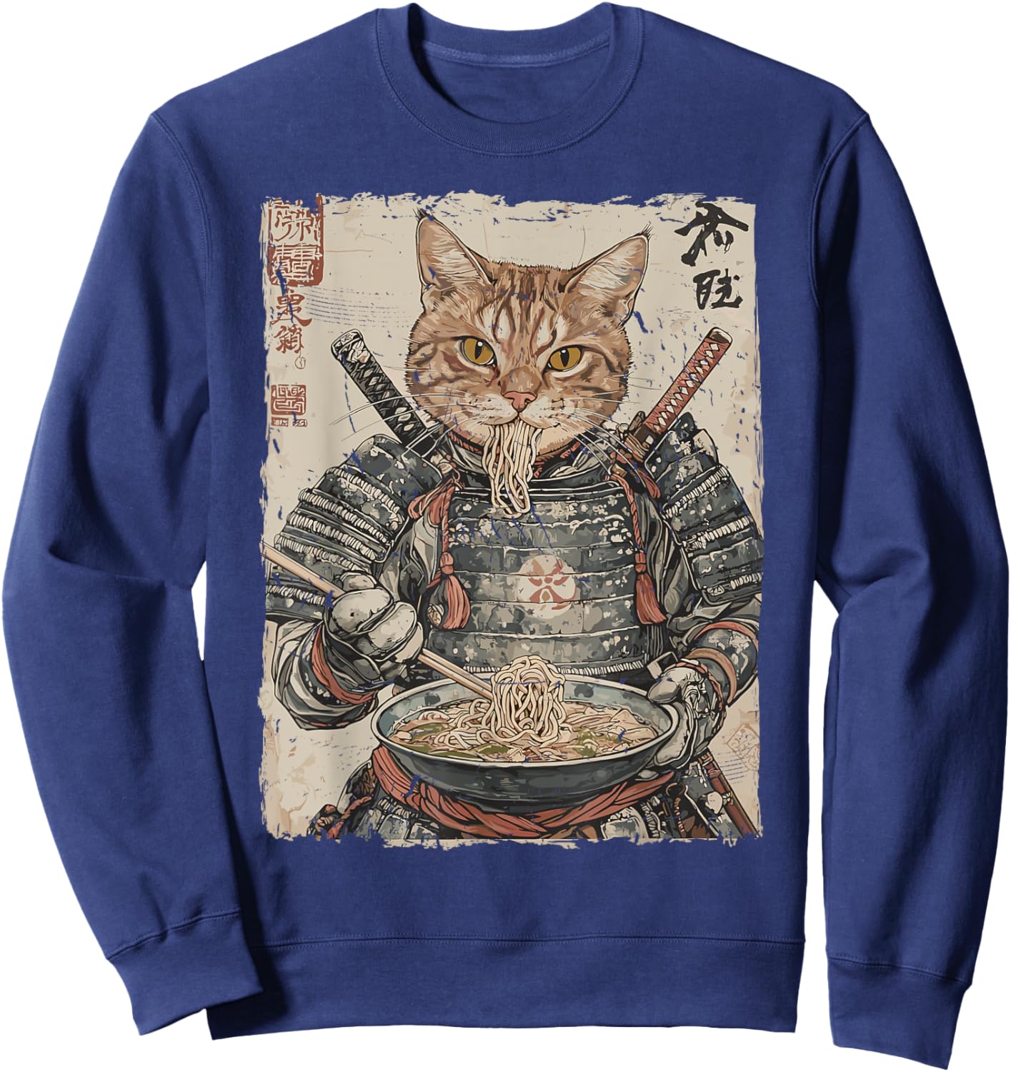 Samurai Cat Loves Ramen Funny Anime Japanese Artwork Samurai Sweatshirt - Sweatshirt | Navy
