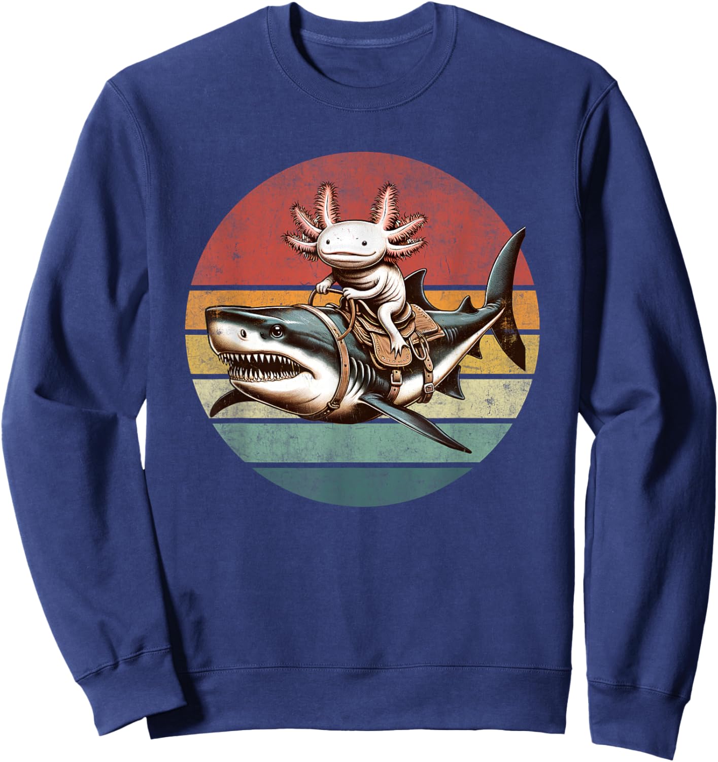 Vintage Axolotl Shark Rider Funny Retro Axolotl Riding Shark Sweatshirt - Sweatshirt | Navy