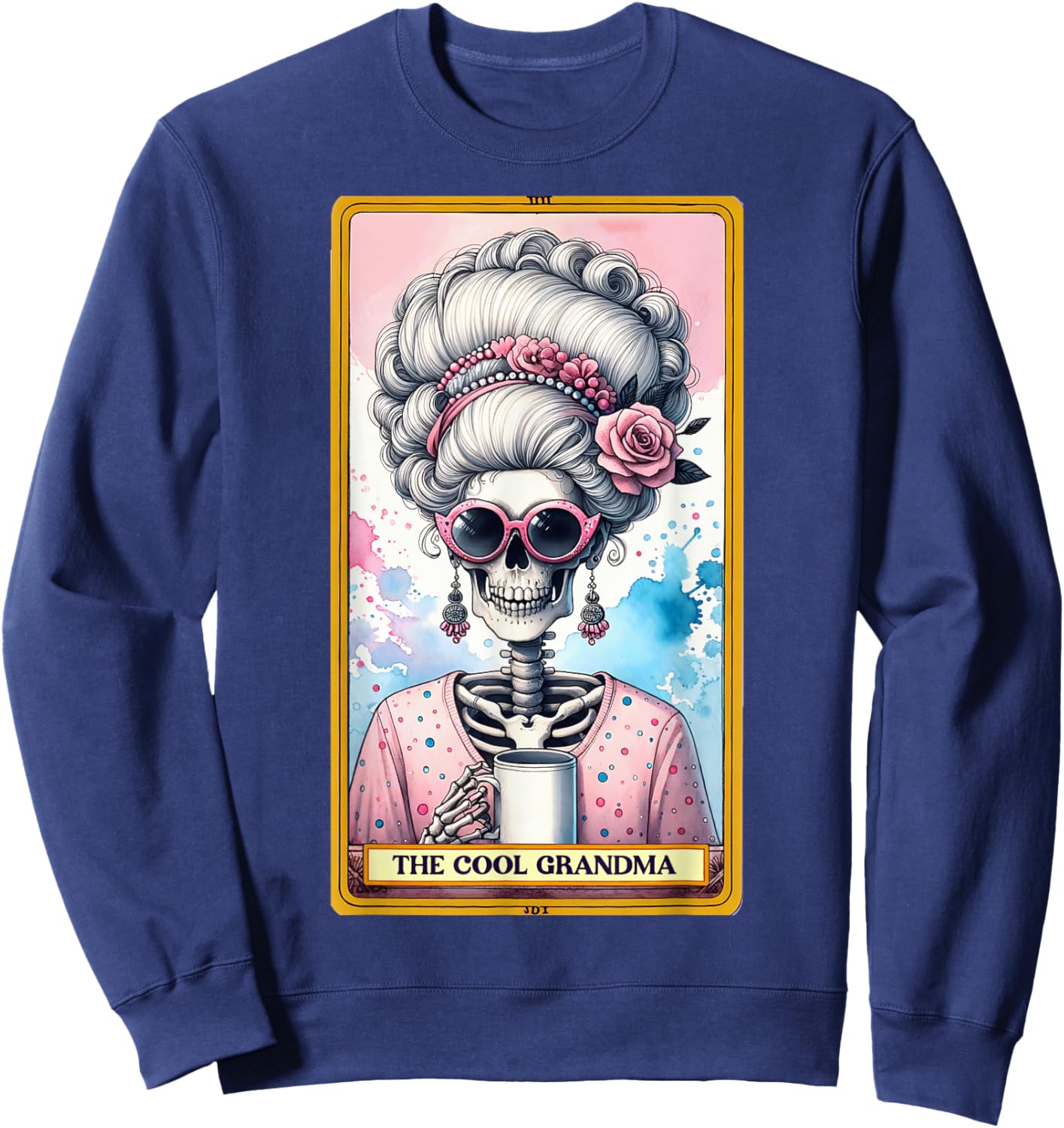 Cool Grandma Tarot Card Skeleton Skelly Messy Bun Coffee Sweatshirt - Sweatshirt | Navy
