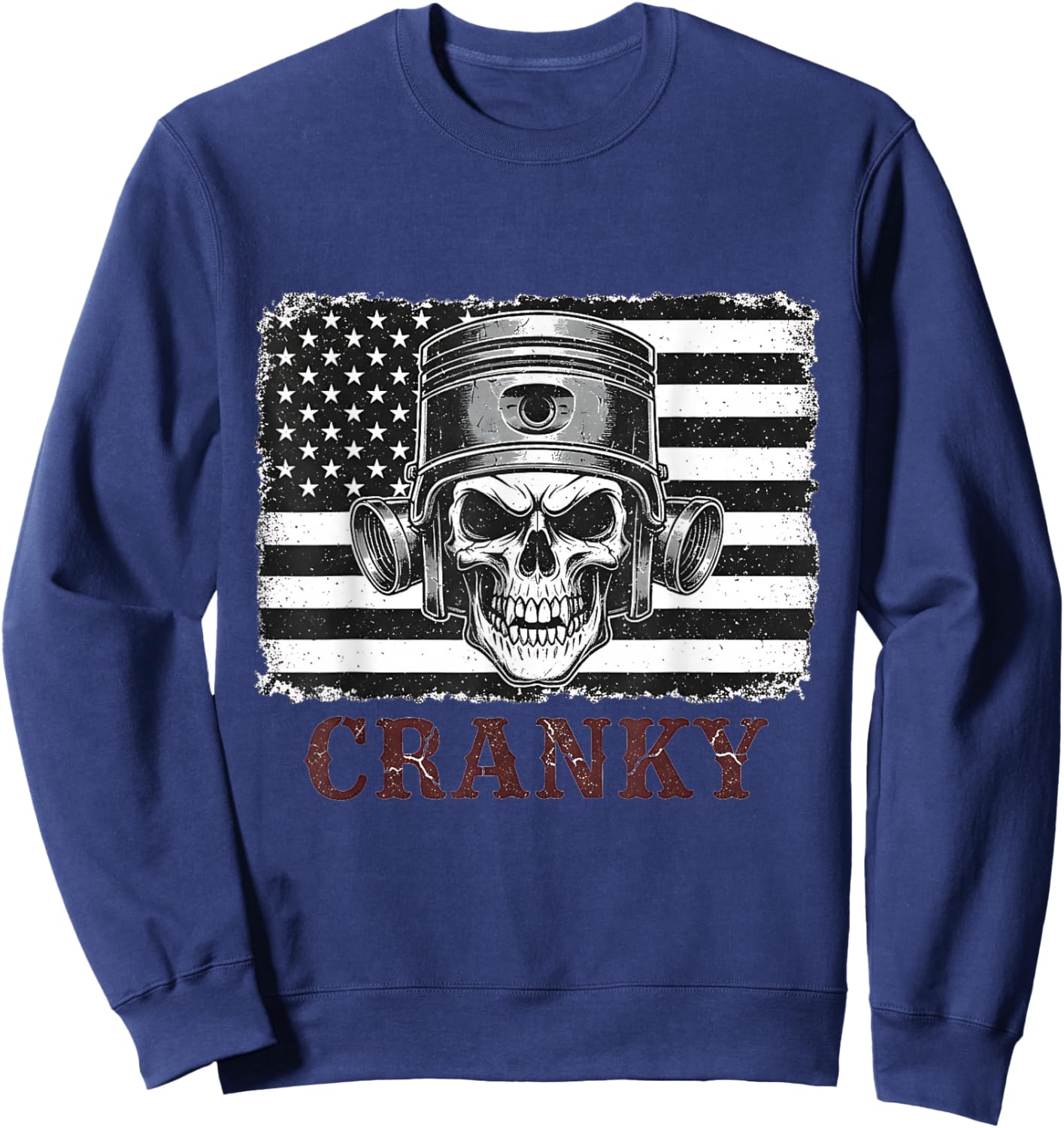 Cranky Car Engine Crankshaft Skull Mechanics USA Flag Sweatshirt - Sweatshirt | Navy