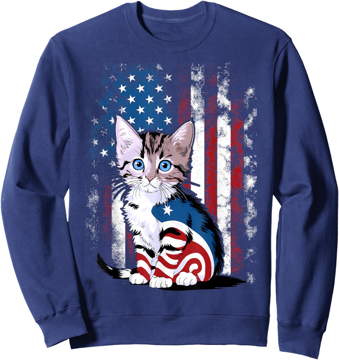 Memorial Day Cat Funny Kitten 4th of July Patriotic Usa Flag Sweatshirt - Sweatshirt | Navy