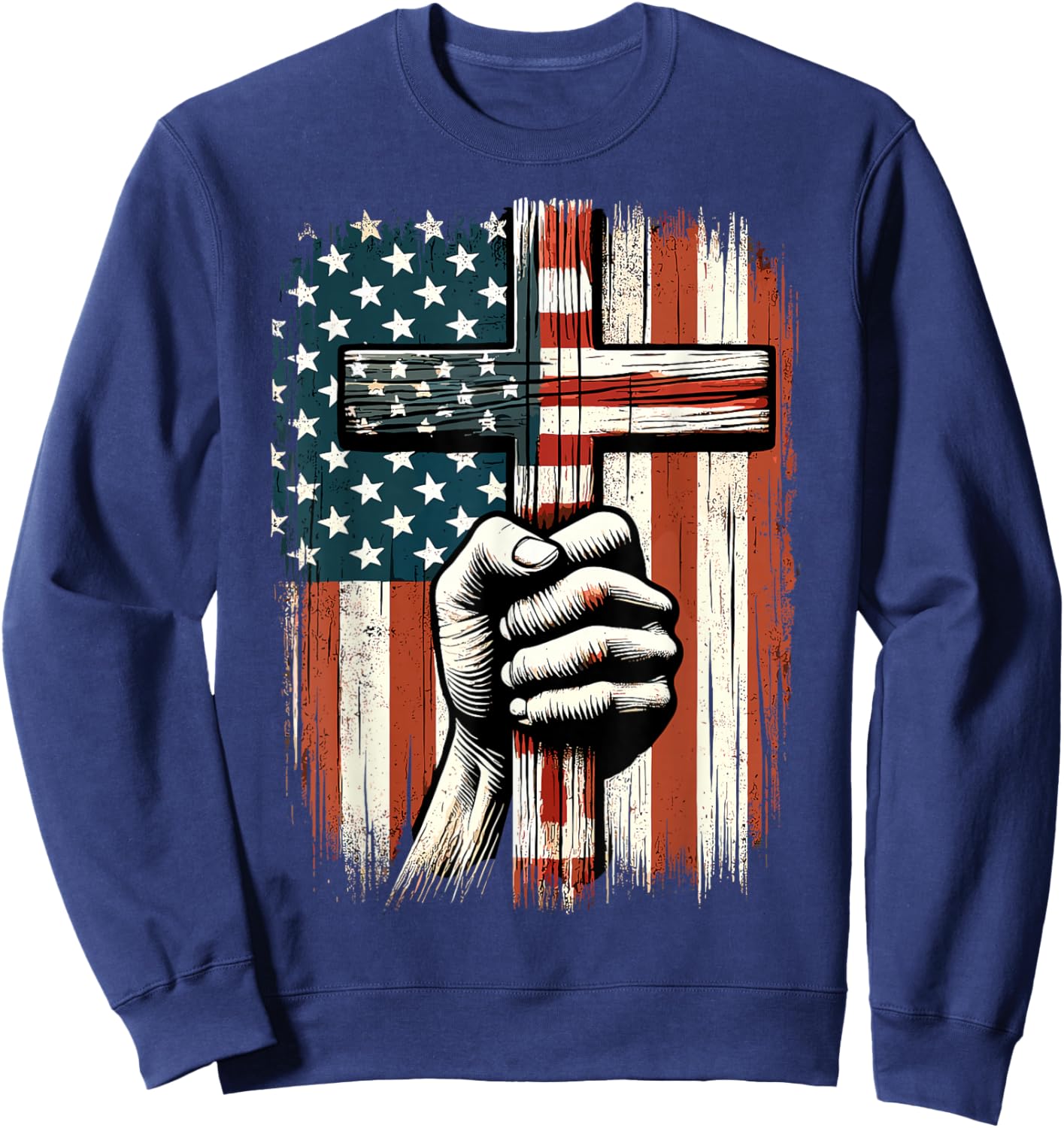 American USA Flag Christian Cross Jesus 4th of July Sweatshirt - Sweatshirt | Navy