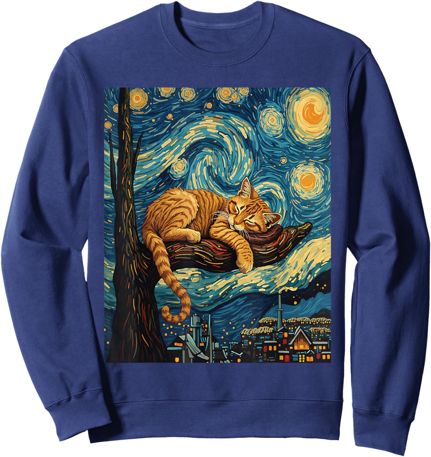 Serene ginger cat on tree branch Van Gogh Starry Night Sweatshirt - Sweatshirt | Navy