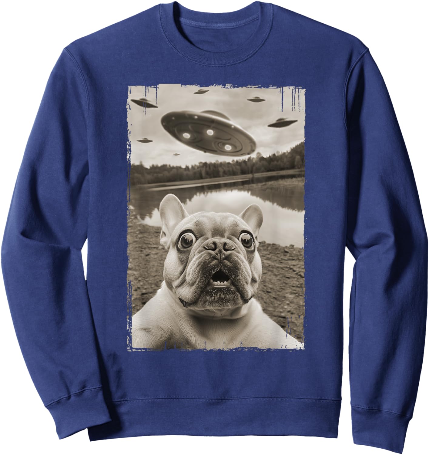French Bulldog and UFO - Funny UFO and French Bulldog Selfie Women Kids Sweatshirt - Sweatshirt | Navy