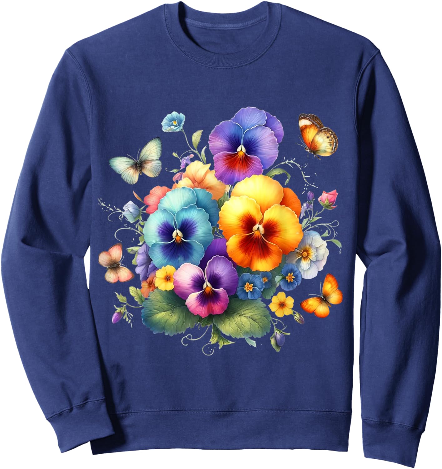 Multicolored Pansies and Delicate Butterflies Shapes Mania Sweatshirt - Sweatshirt | Navy