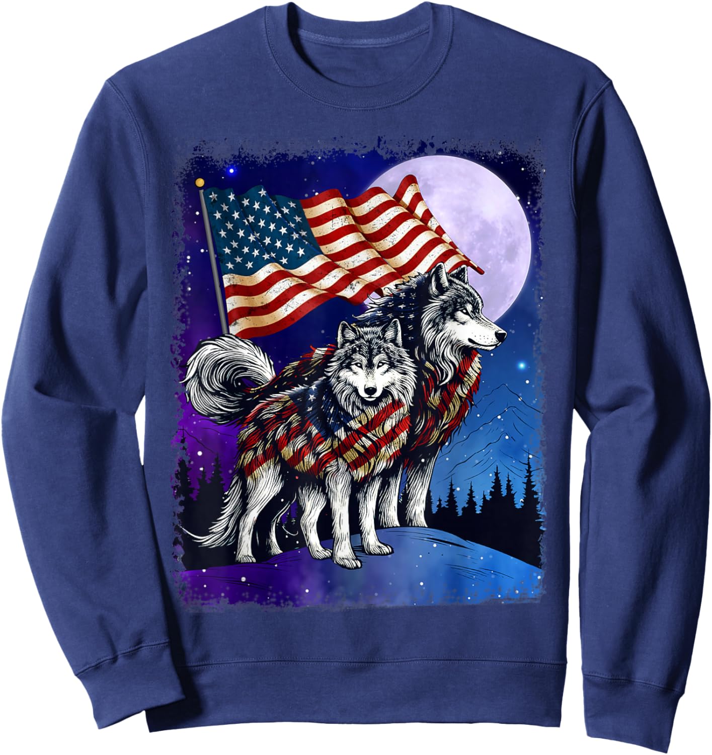 Wolf 4th of July American Flag Howling Wolves Under Moon Women Men Sweatshirt - Sweatshirt | Navy