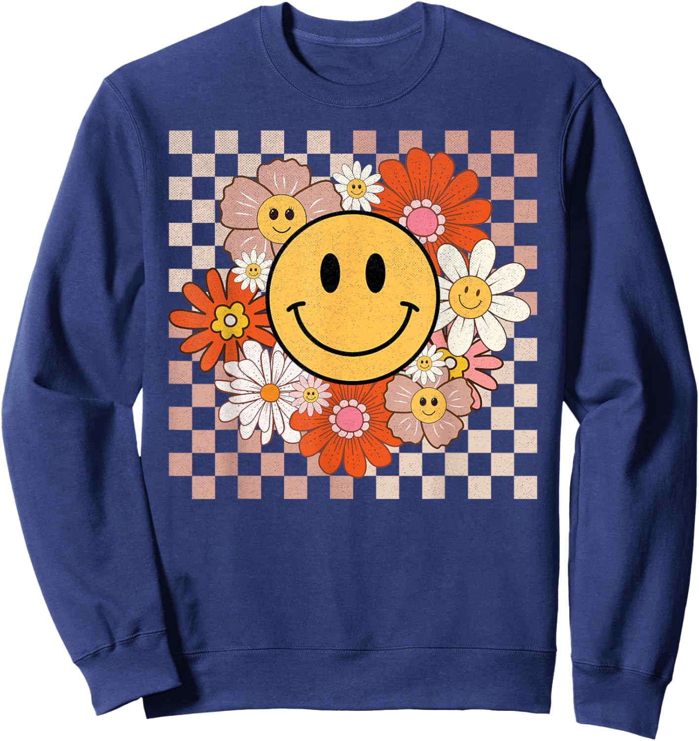 Retro Groovy Smile Happy Face Flowers Checkered 70s Hippie Sweatshirt - Sweatshirt | Navy