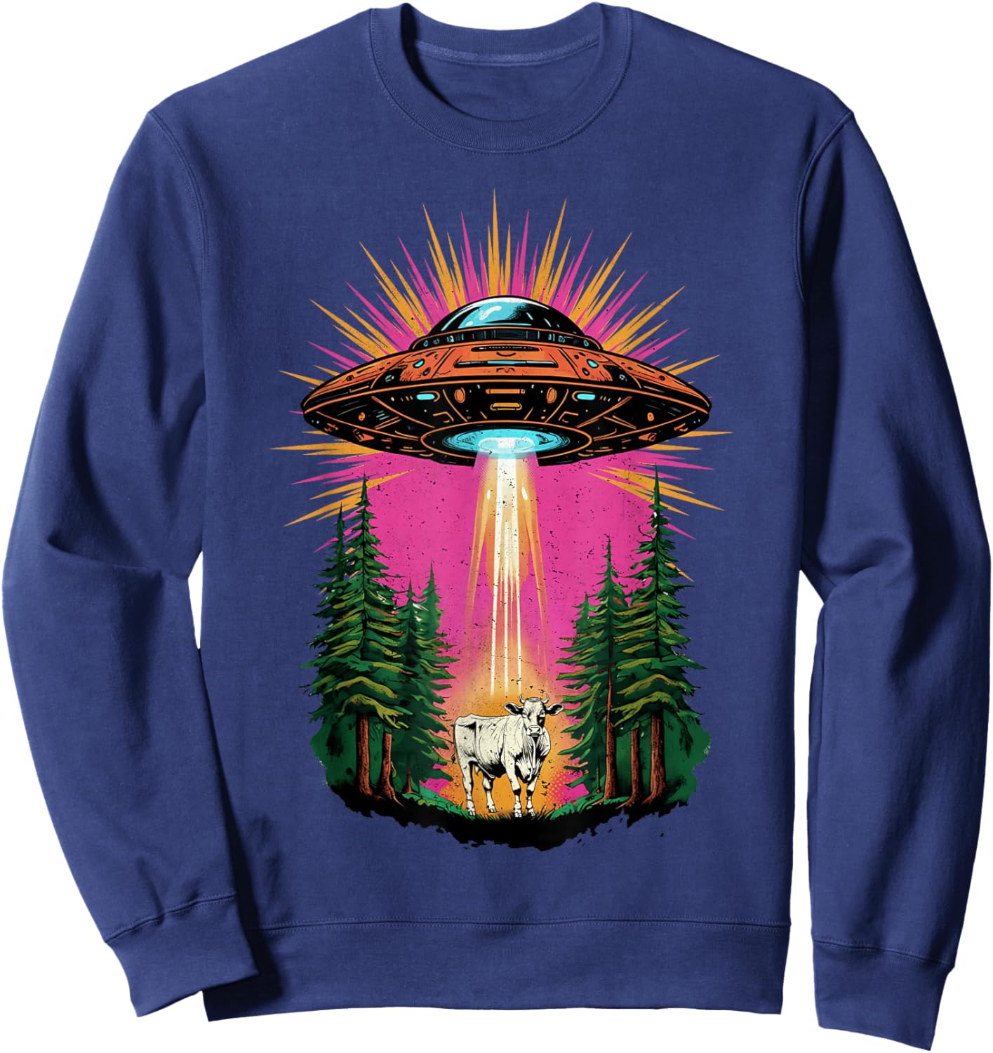 Vintage UFO Cow Abduction Alien Christmas Sci-fi Gift Funny Sweatshirt - Sweatshirt | Navy