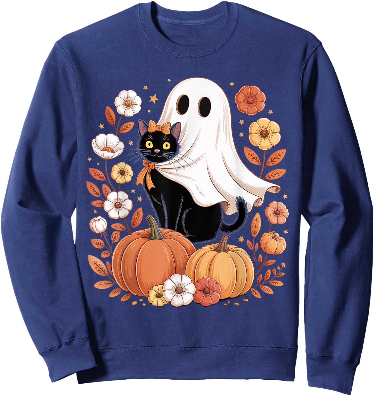 Vintage Black Cat and Ghost with Pumpkins Flowers Halloween Sweatshirt - Sweatshirt | Navy