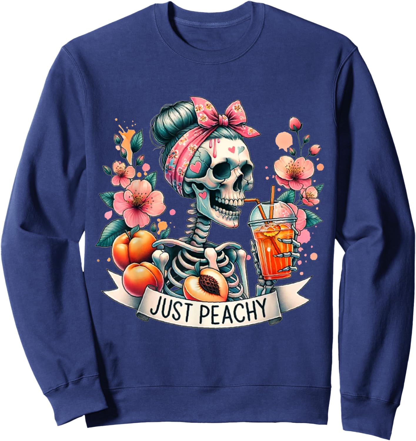 Just Peachy Skeleton Retro 70s Hippie Summer Vibes Sweatshirt - Sweatshirt | Navy