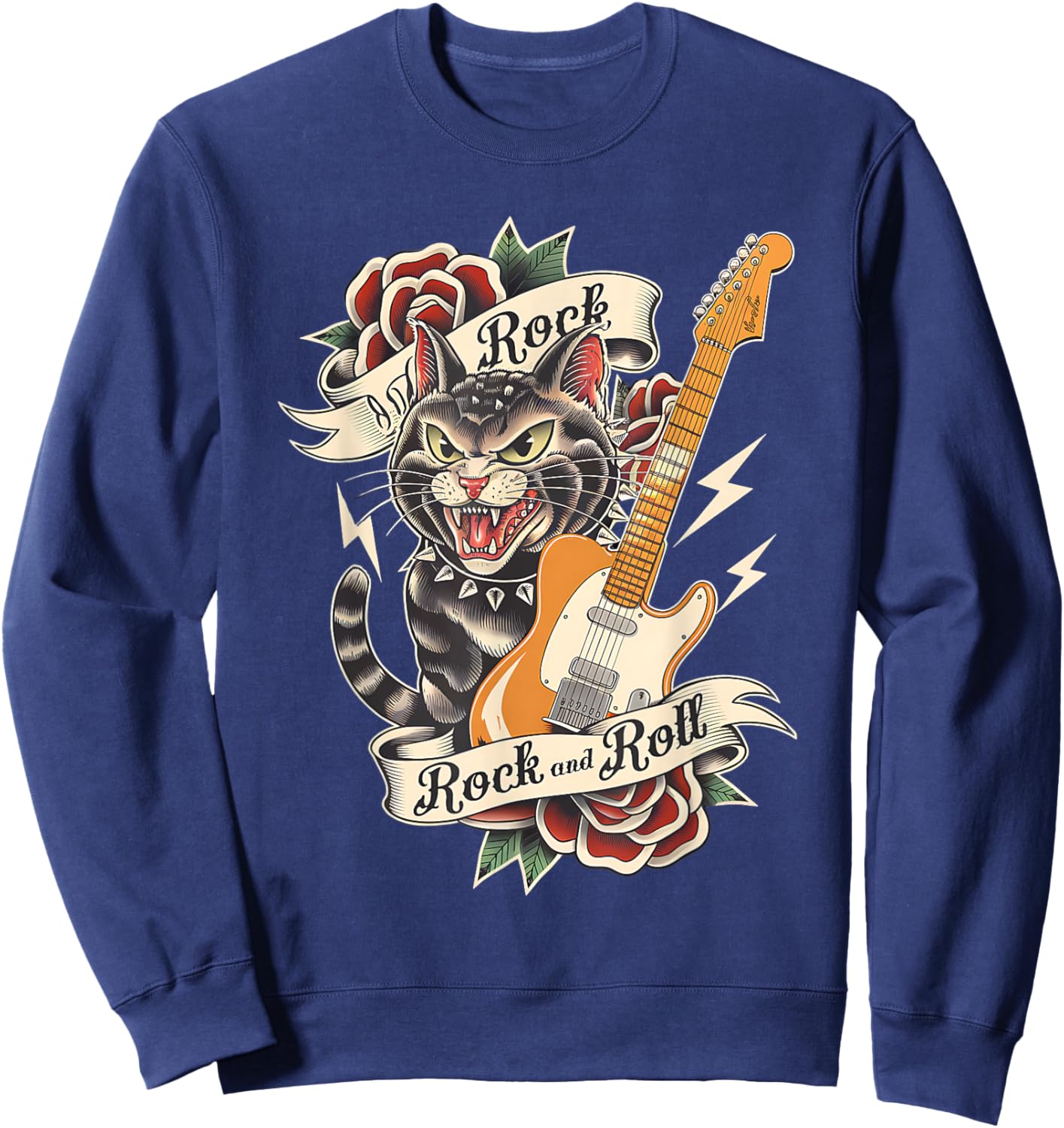 Rock and Roll Guitar Vintage Classic Tattoo Style Rock Cat Sweatshirt - Sweatshirt | Navy