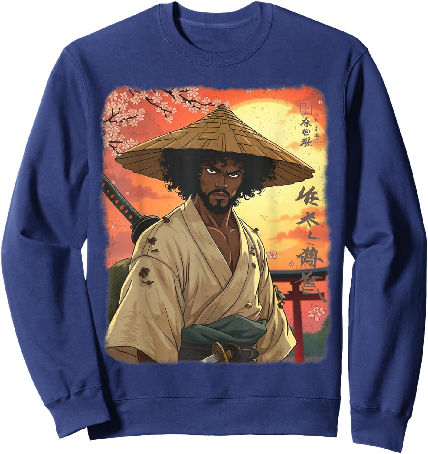 Afro American Samurai African Warrior in Anime with Katana Sweatshirt - Sweatshirt | Navy